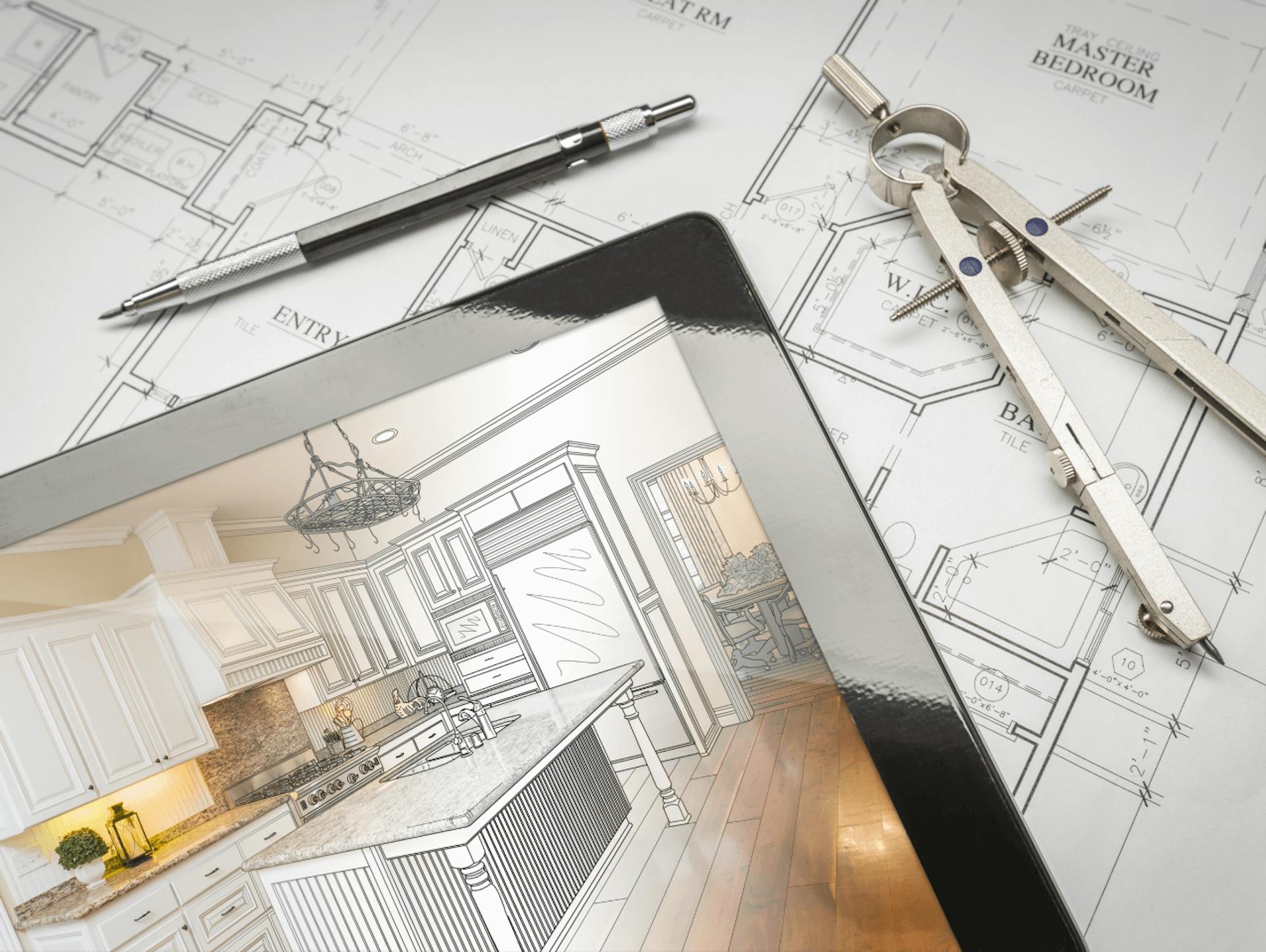 Tablet und Werkzeug zum Aufmaß für die Küche