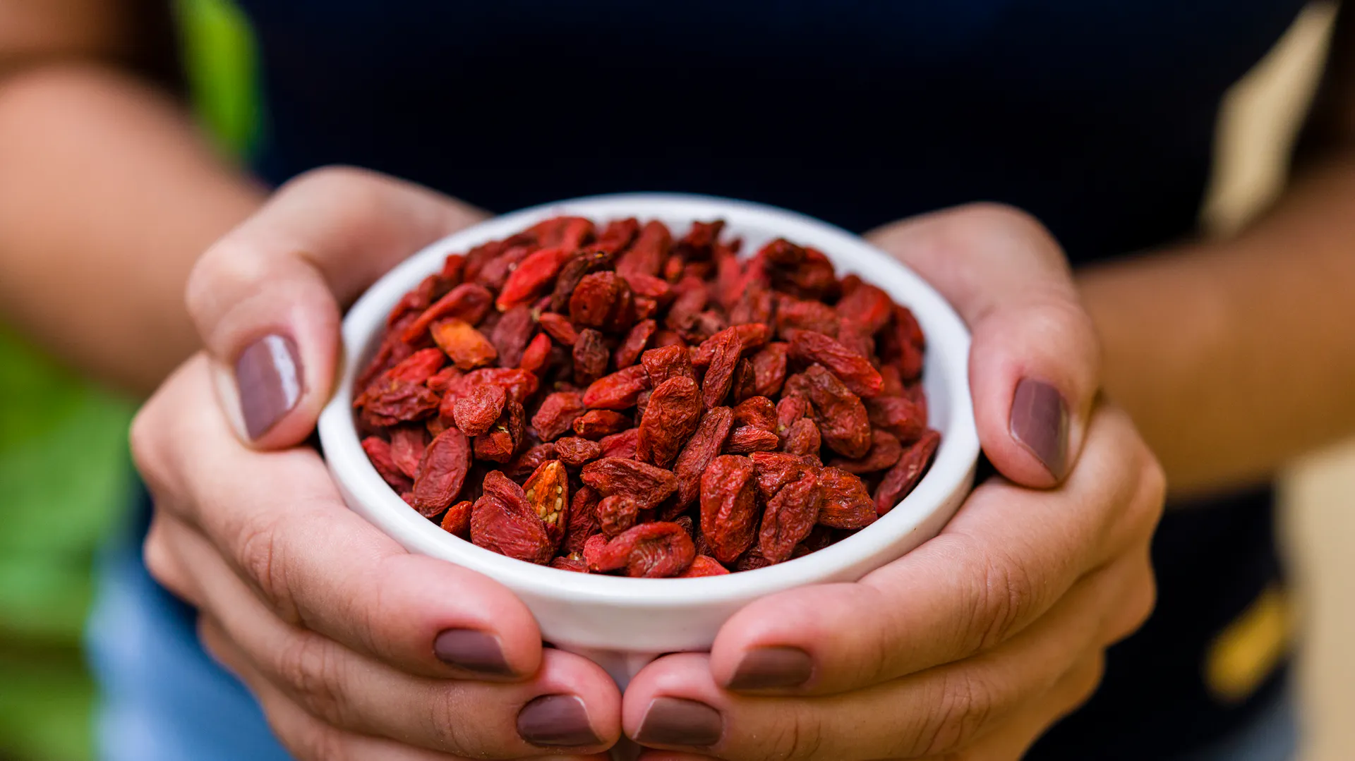 Jemand hält eine Schale mit getrockneten Goji-Beeren.