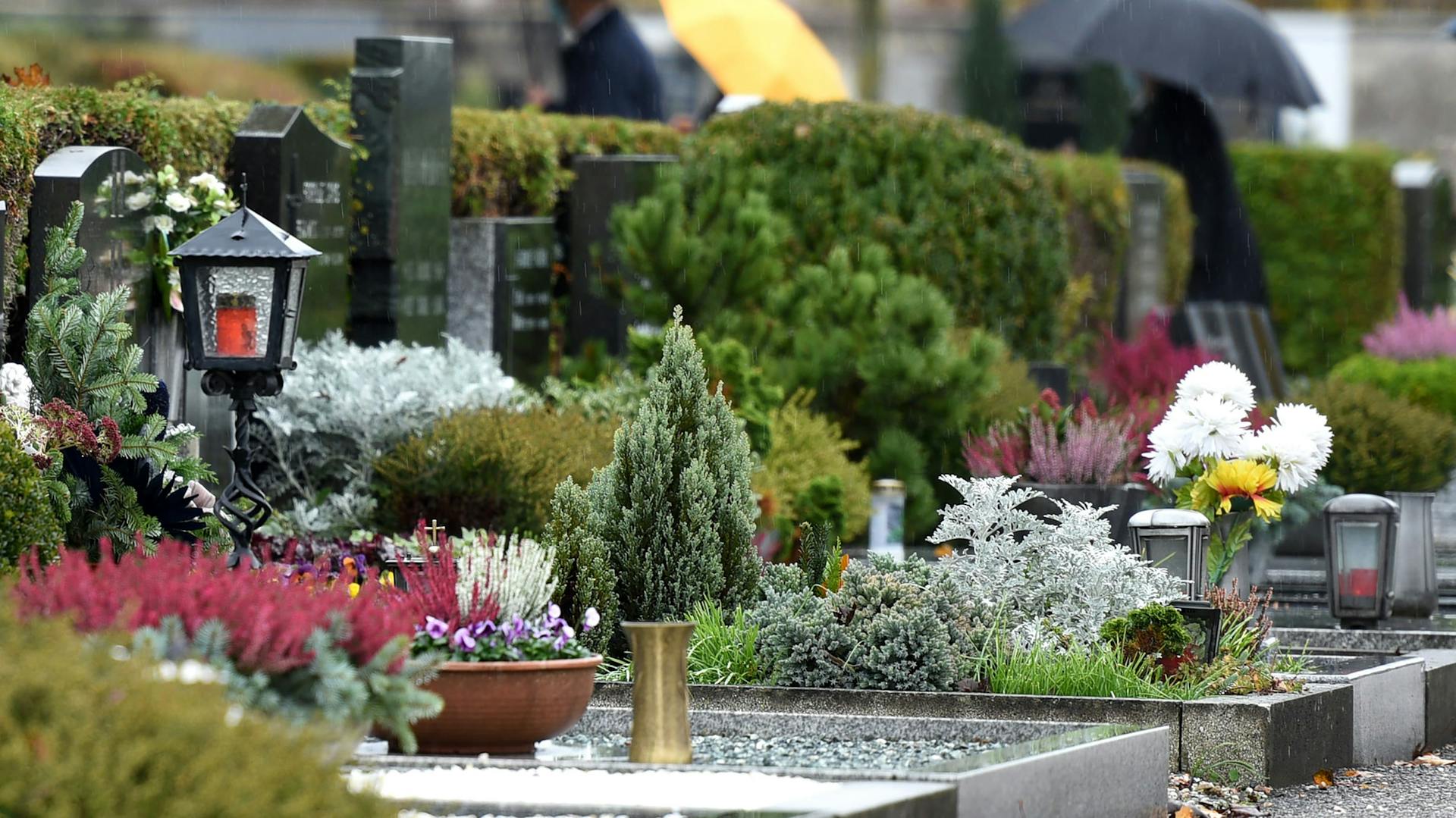 Mit Herbstpflanzen bepflanzte Gräber