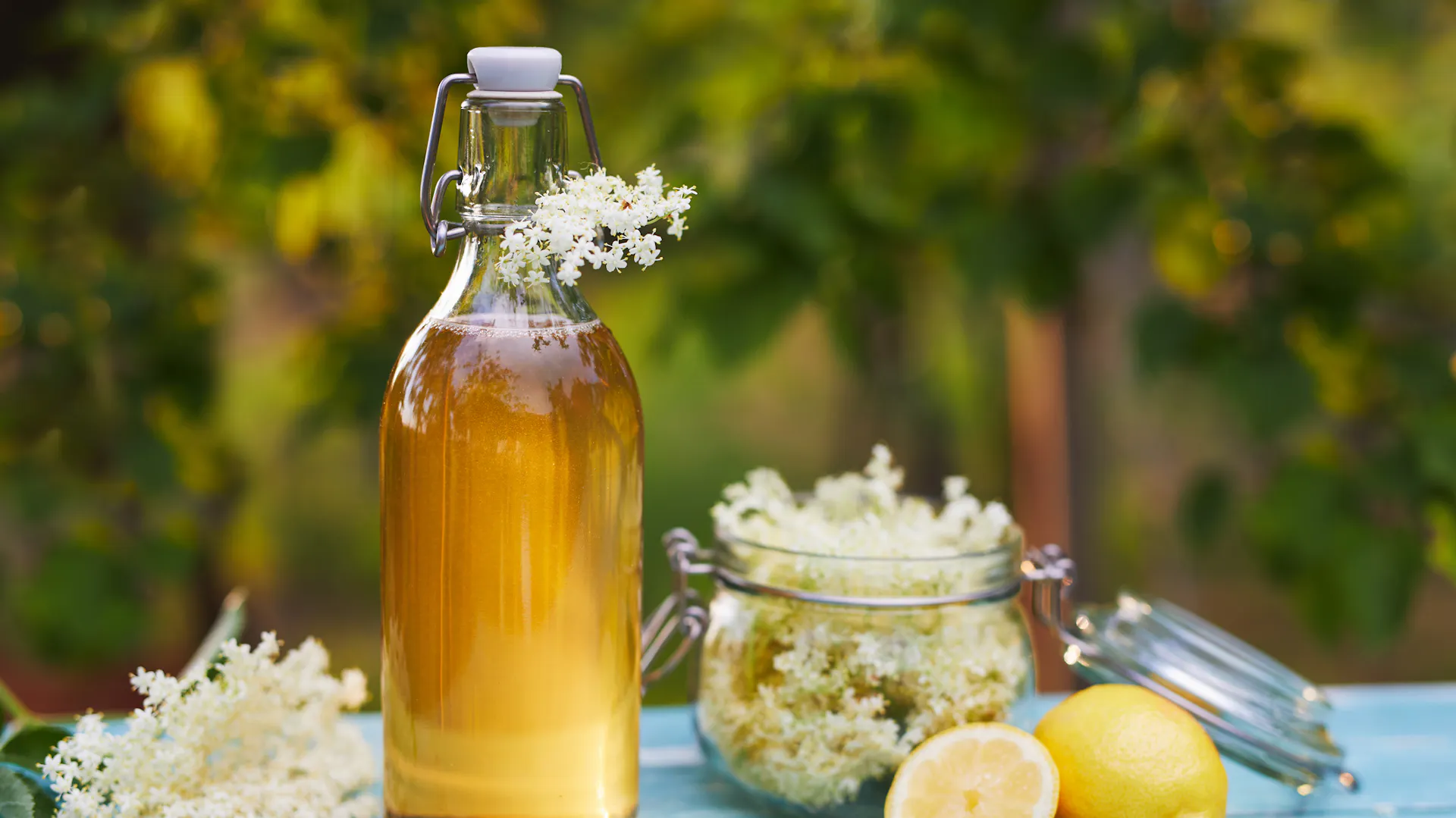 Holunderblütensirup in der Flasche auf einem Tisch.
