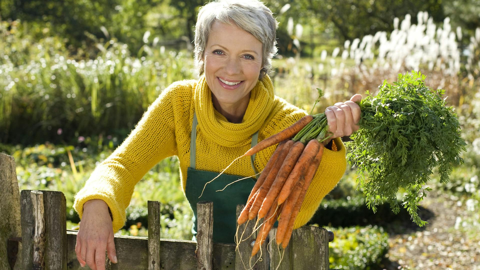Frau in gelbem Pulli hält Möhren in der Hand
