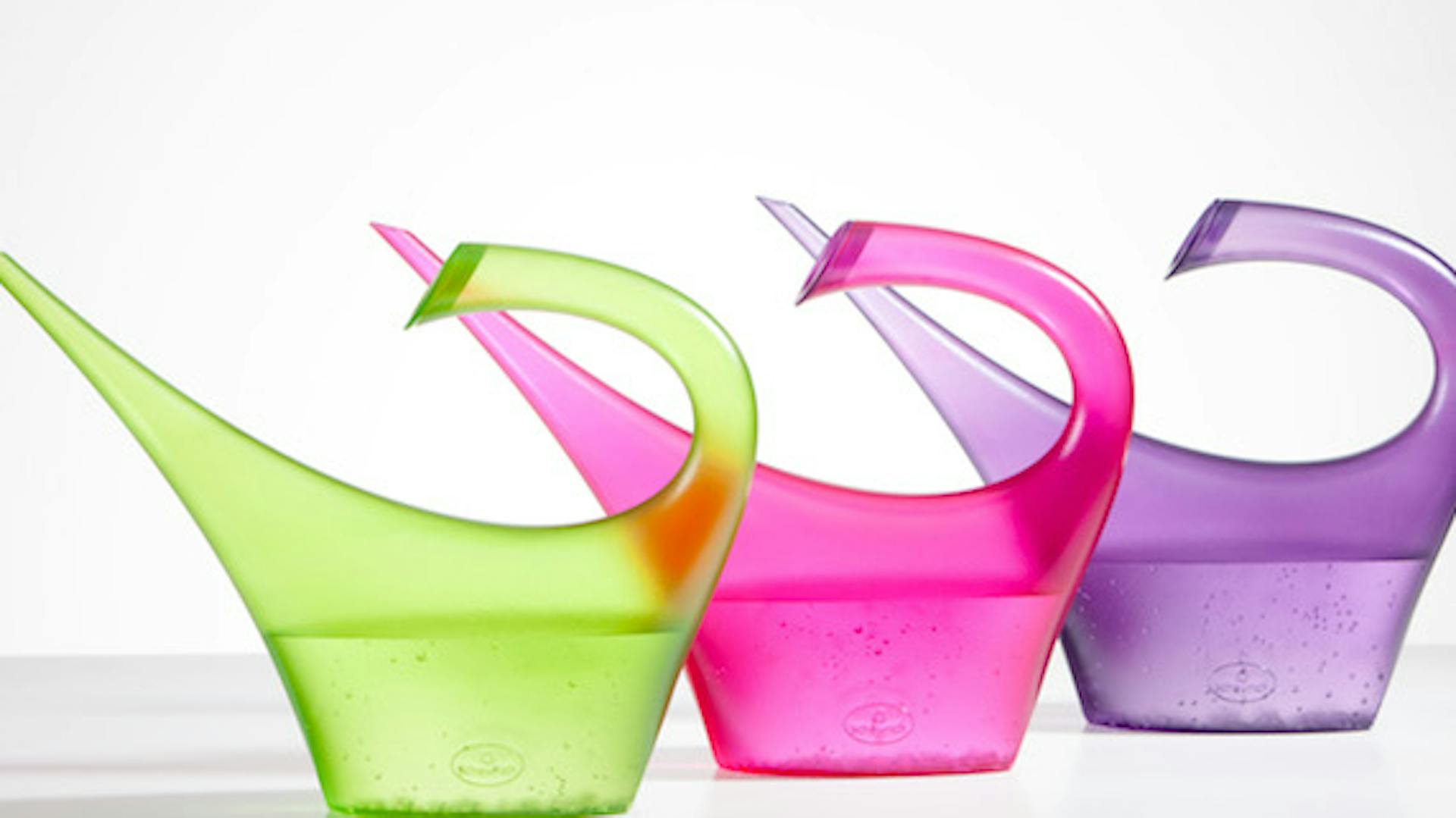 Drei Gießkannen in grün, pink und lila stehen in einer Reihe.