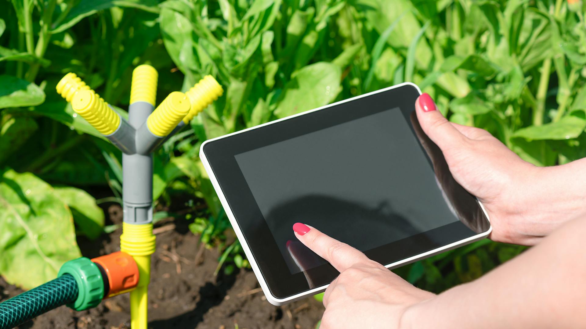 Un persona si trova di fronte all’aiuola e tiene in mano i computer per irrigazione automatica.