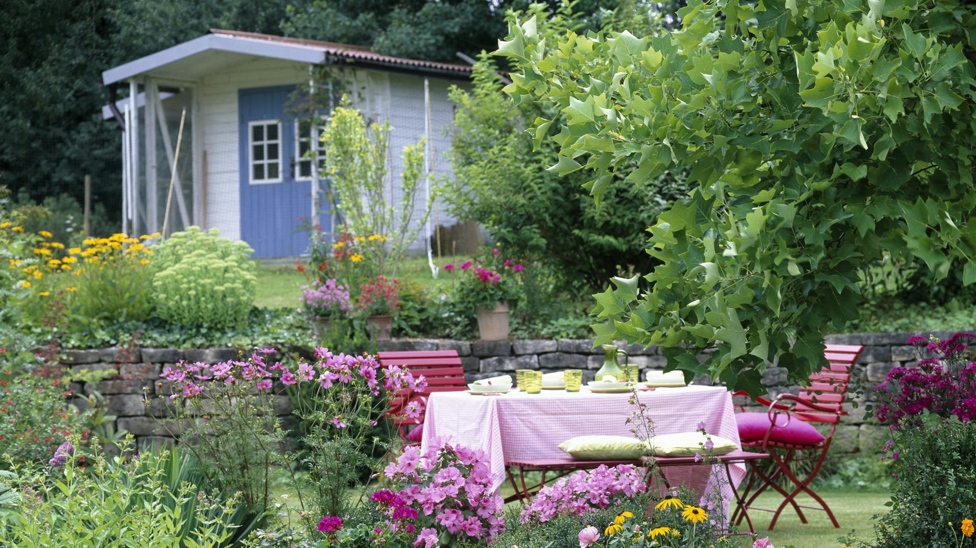 Garten mit einem Tulpenbaum. Im Hintergrund steht ein weiß-blaues Gartenhaus, im Vordergrund ein Tisch mit Stühlen.