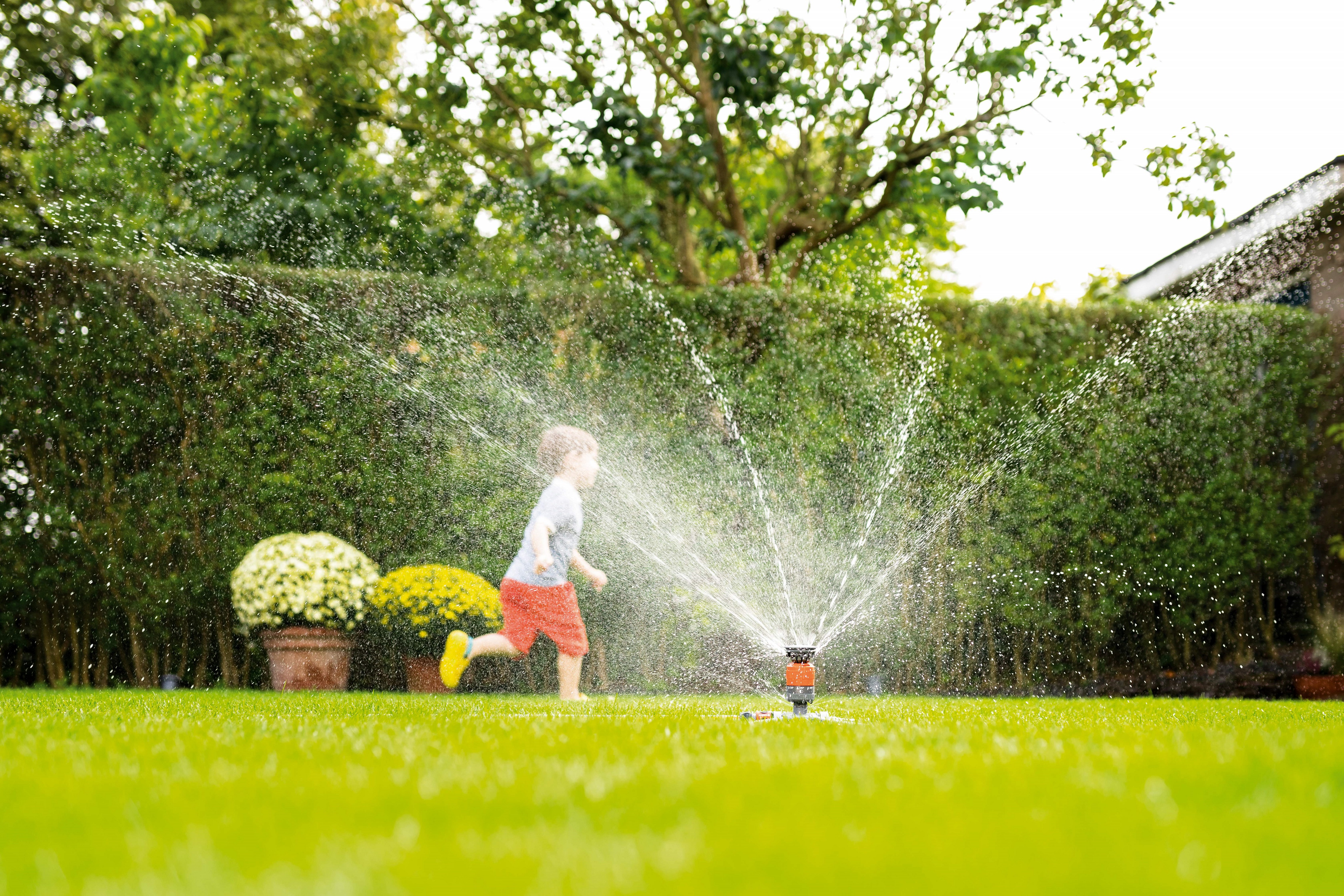 Kind rennt über den Rasen im Garten durch einen Rasensprenger