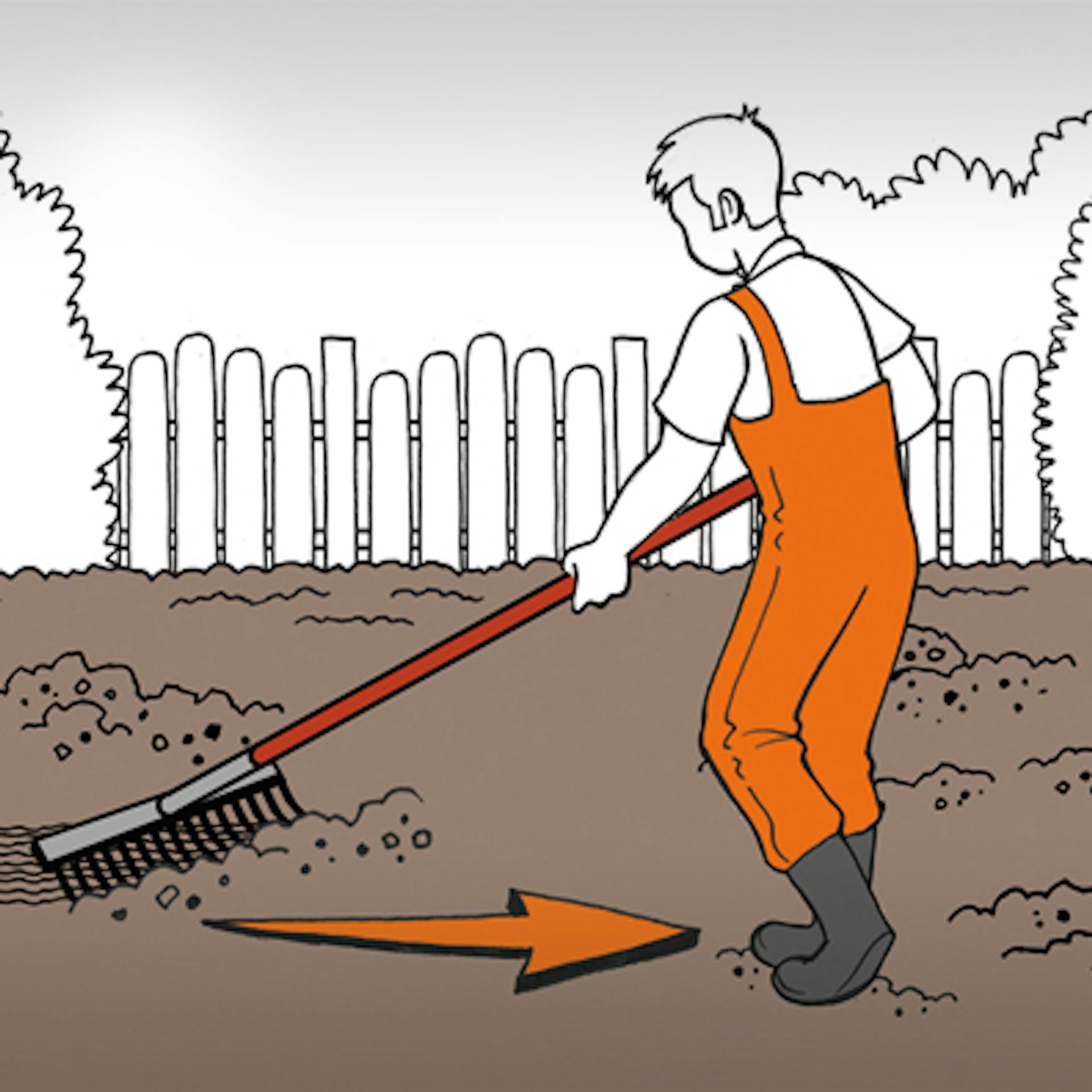 A kertben dolgozó férfi egy gereblyével elegyengeti a leendő gyep területét.