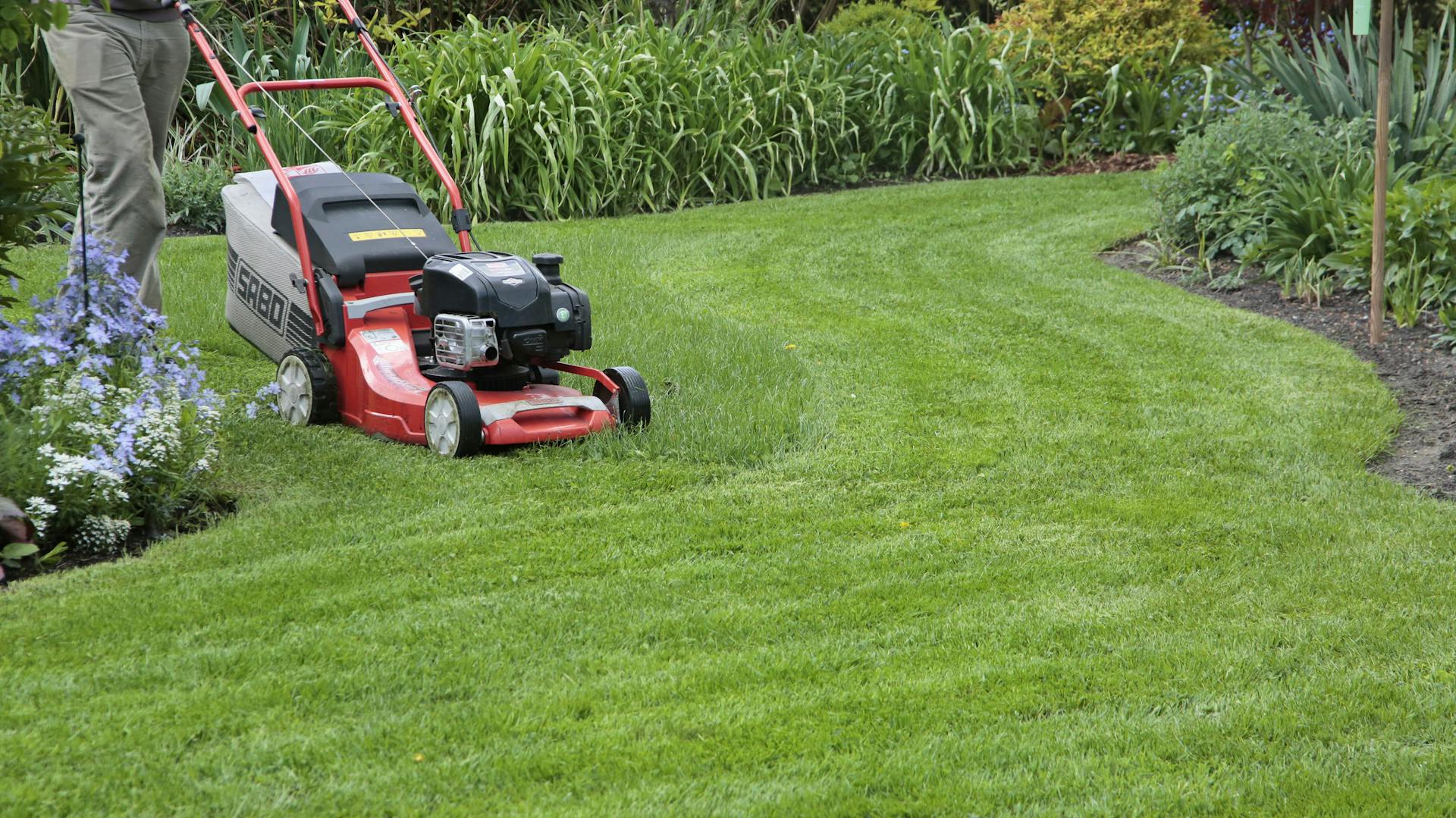 Jemand mäht den Rasen.