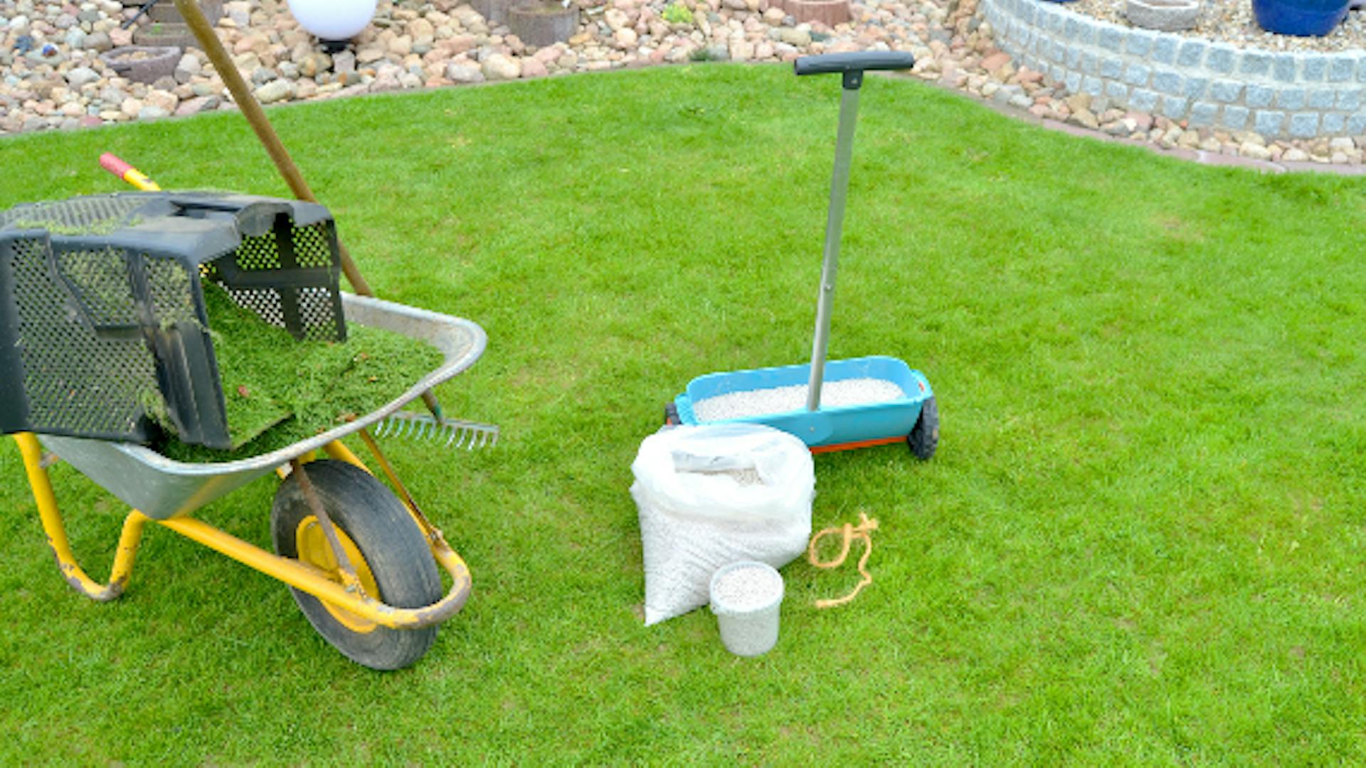 Schubkarre und Düngewagen auf einem grünen Rasen