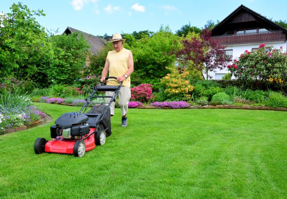 Egy férfi benzines fűnyíróval nyírja a füvet