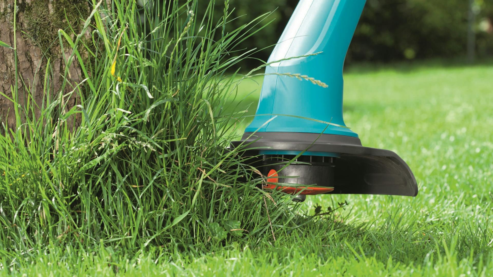 Rasentrimmer mäht hohes Gras an Rasenkante