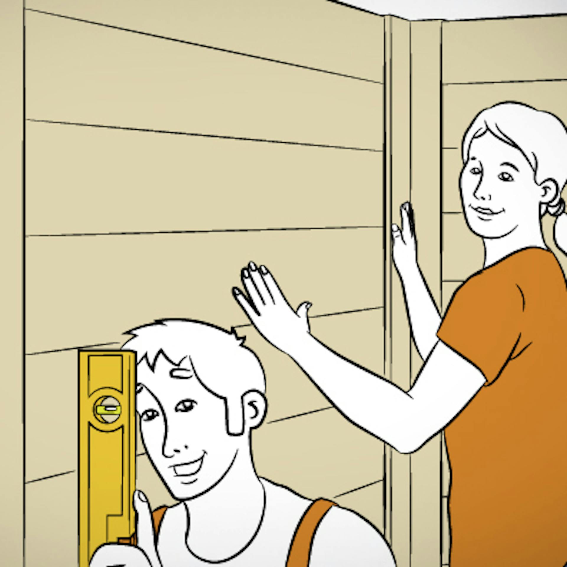 Heimwerker prüfen Ausrichtung der Seitenelemente von Infrarotkabine mit der Wasserwaage.