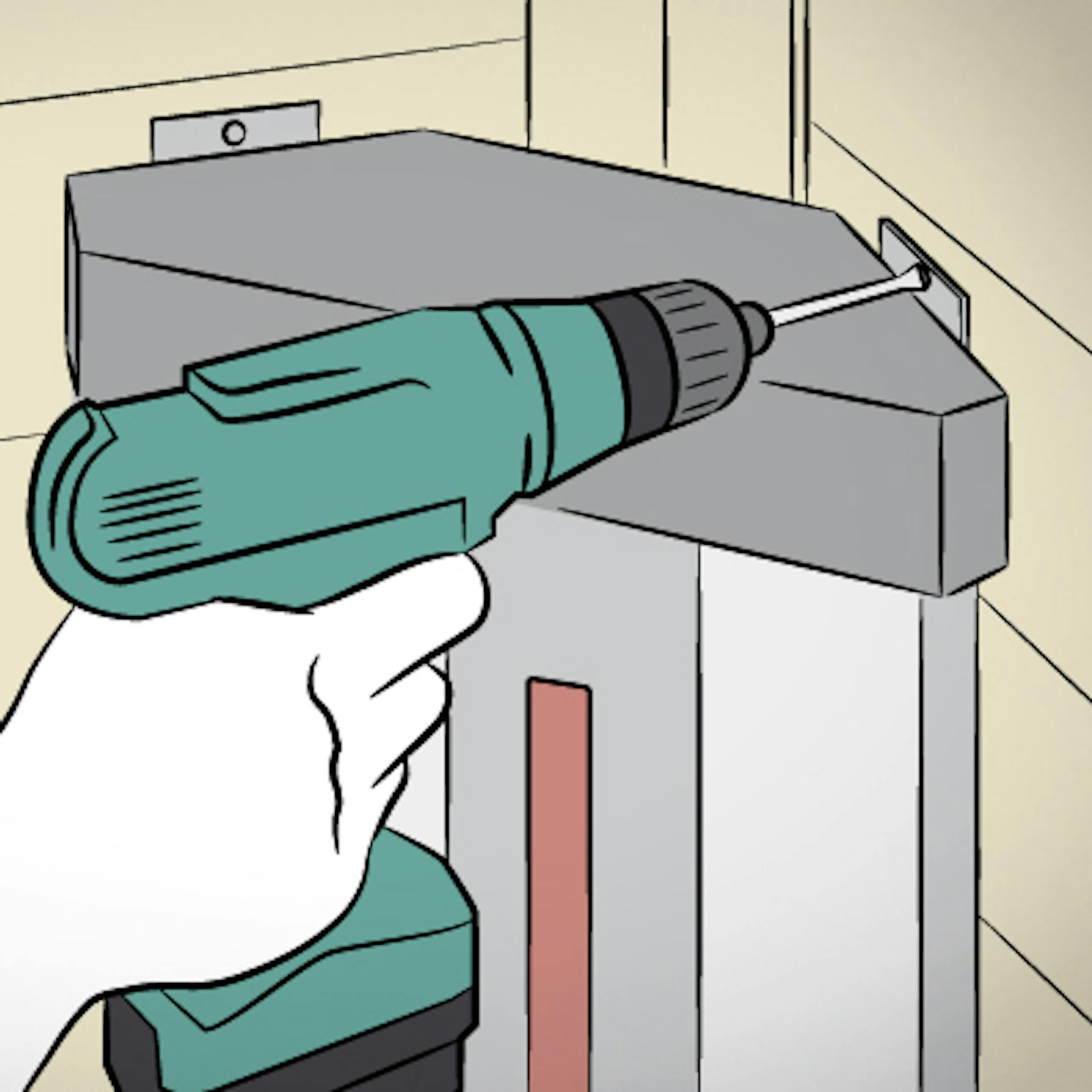 Person schraubt Flächenstrahler mit Akkuschrauber in Holzwand von Infrarotkabine fest.