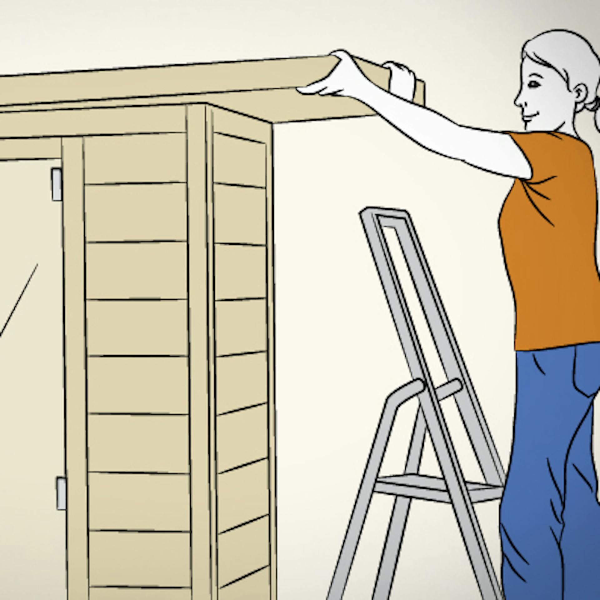 Heimwerker legen Kabinendach auf Infrarotkabine.