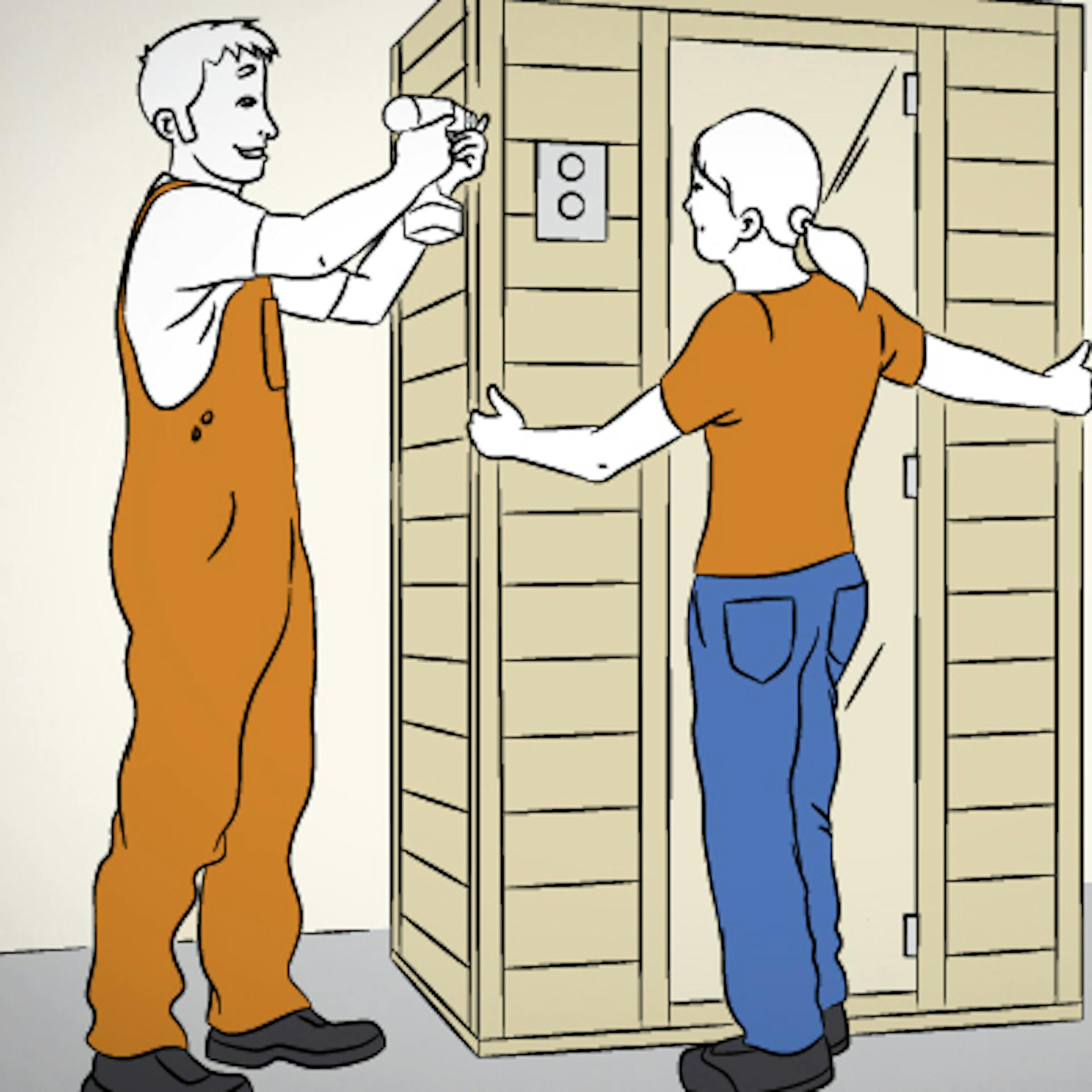 Heimwerker montieren Türfront in Infrarotkabine mit Akkuschrauber.