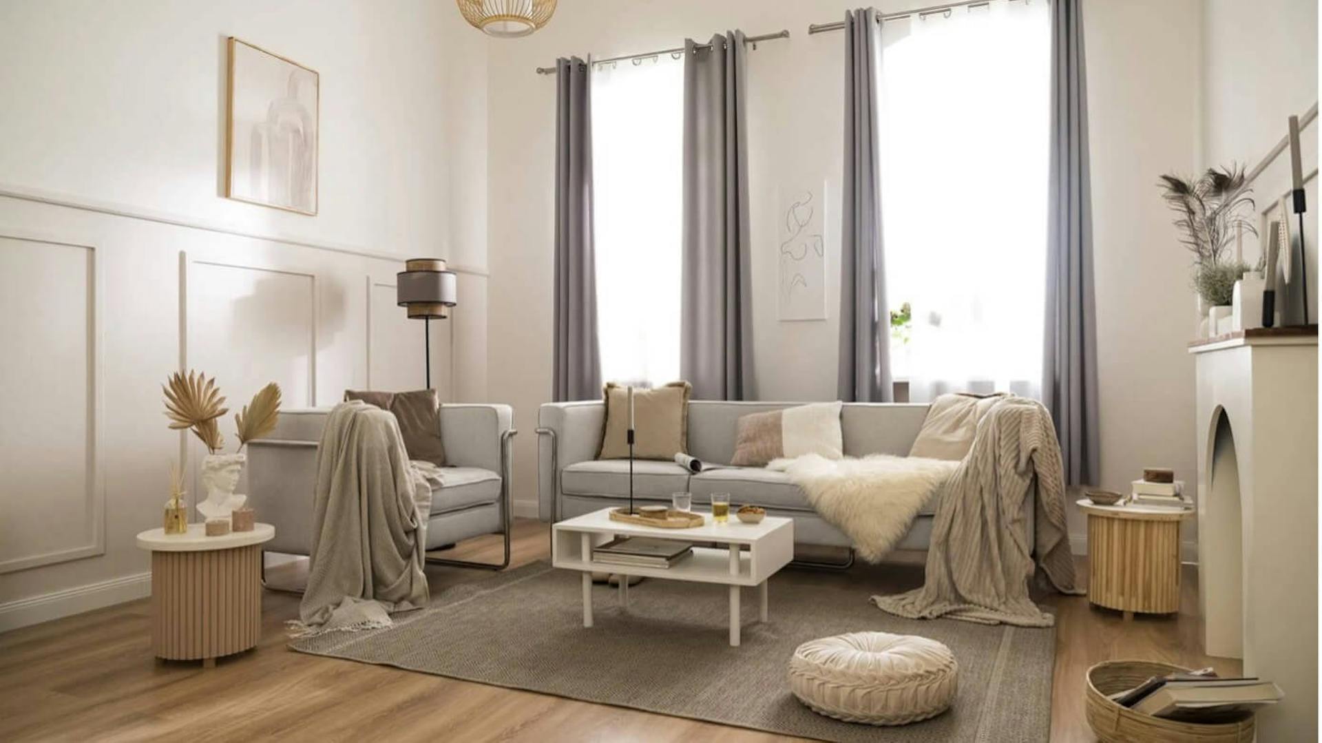 Wnętrze w stylu BOHO z eleganckim wykończeniem.