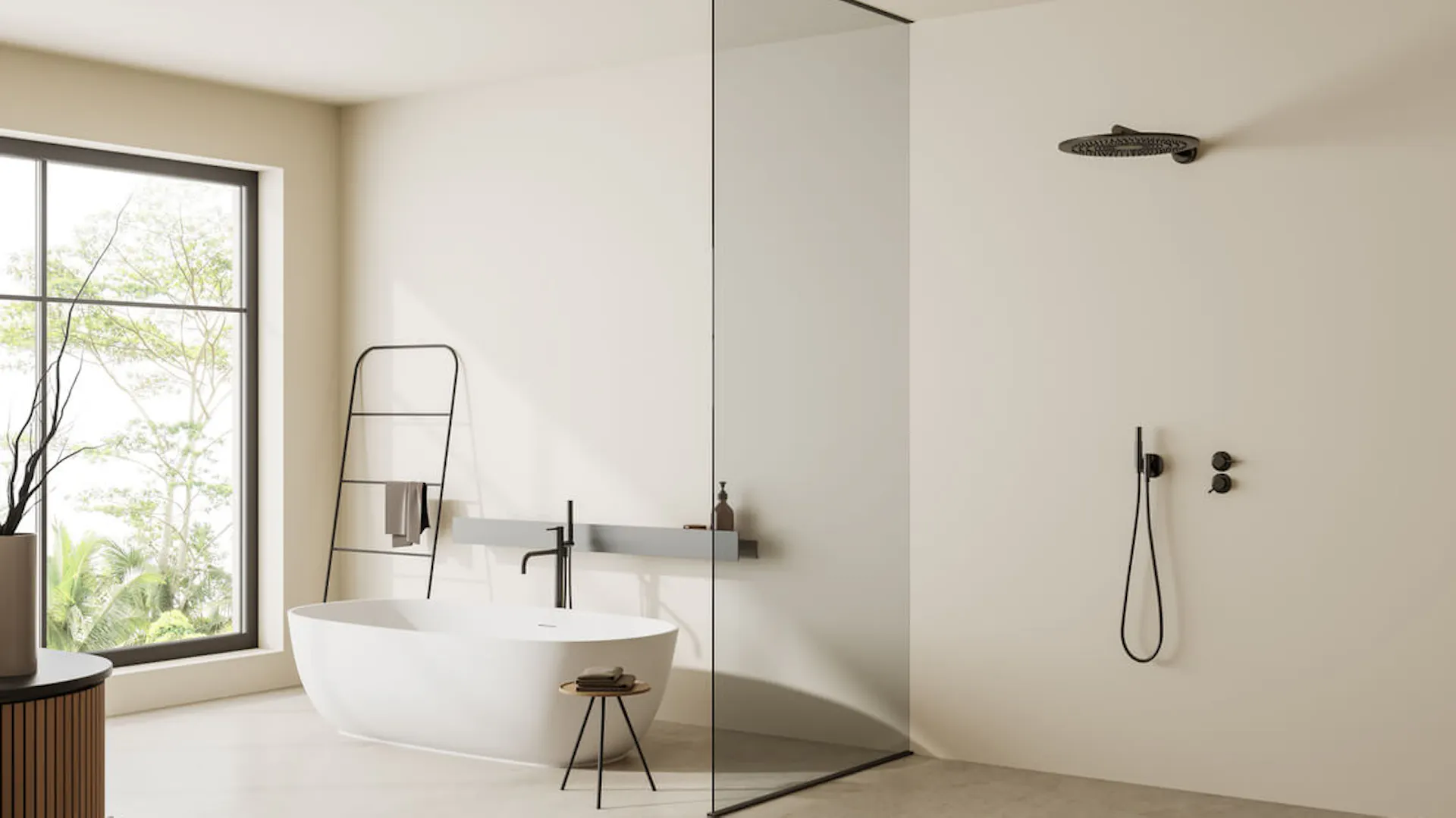 Minimalistyczny prysznic walk-in.