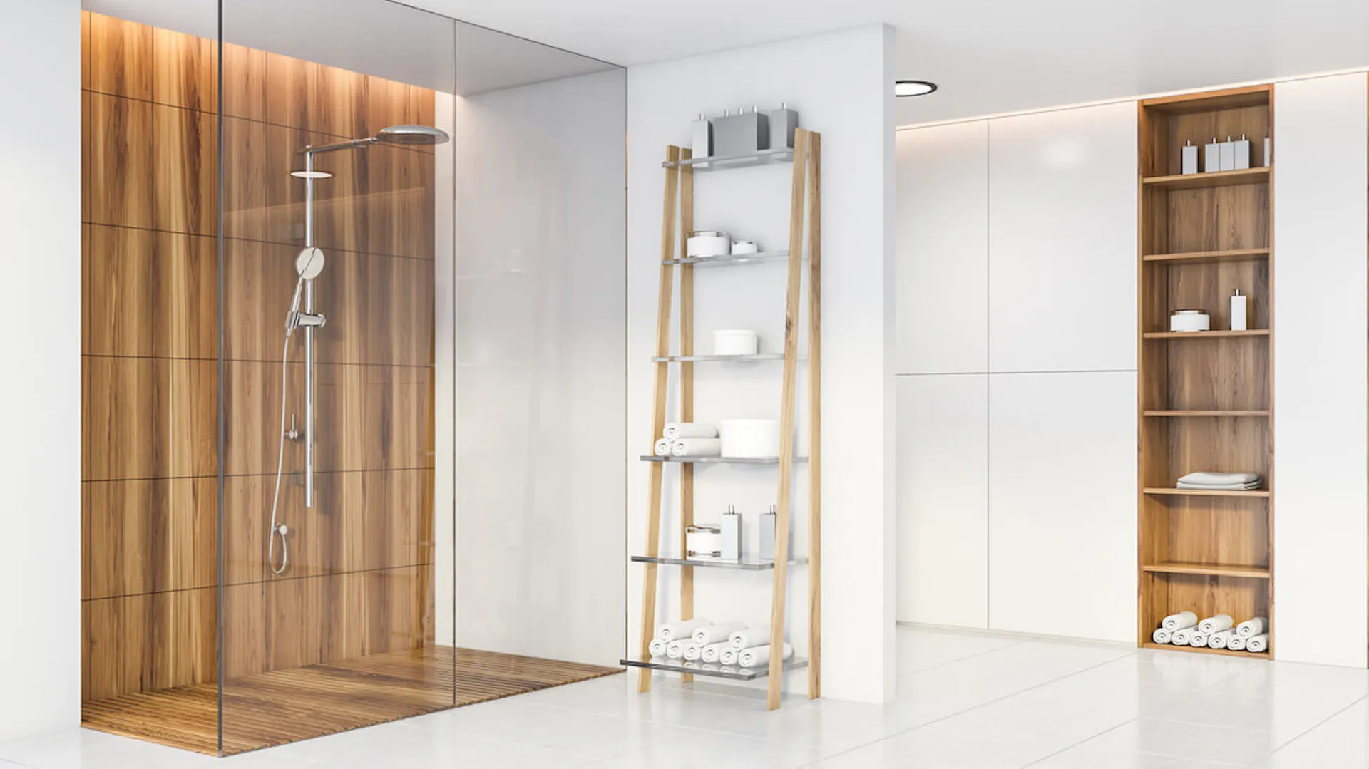 Biało-drewniana łazienka walk-in.