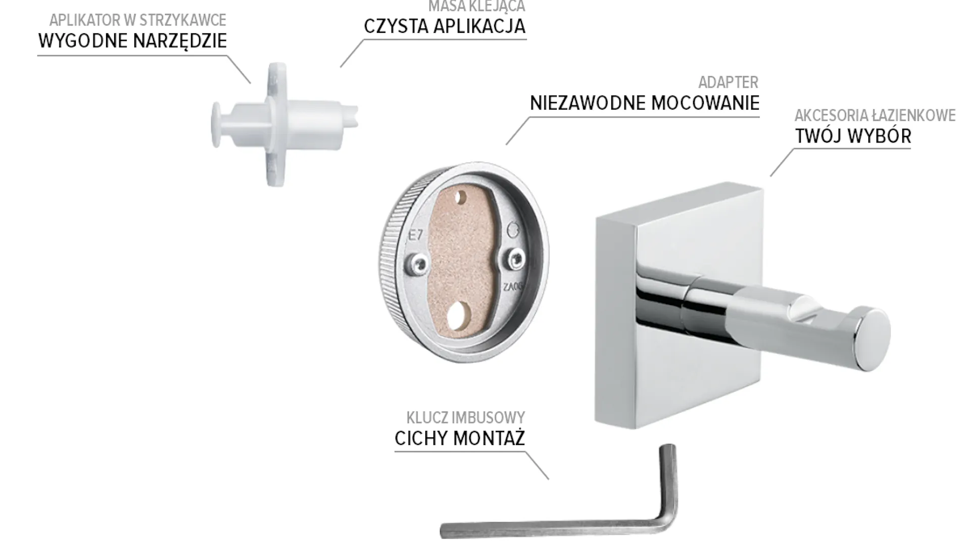 Konstrukcja akcesoriów łazienkowych bez wiercenia od marki tesa