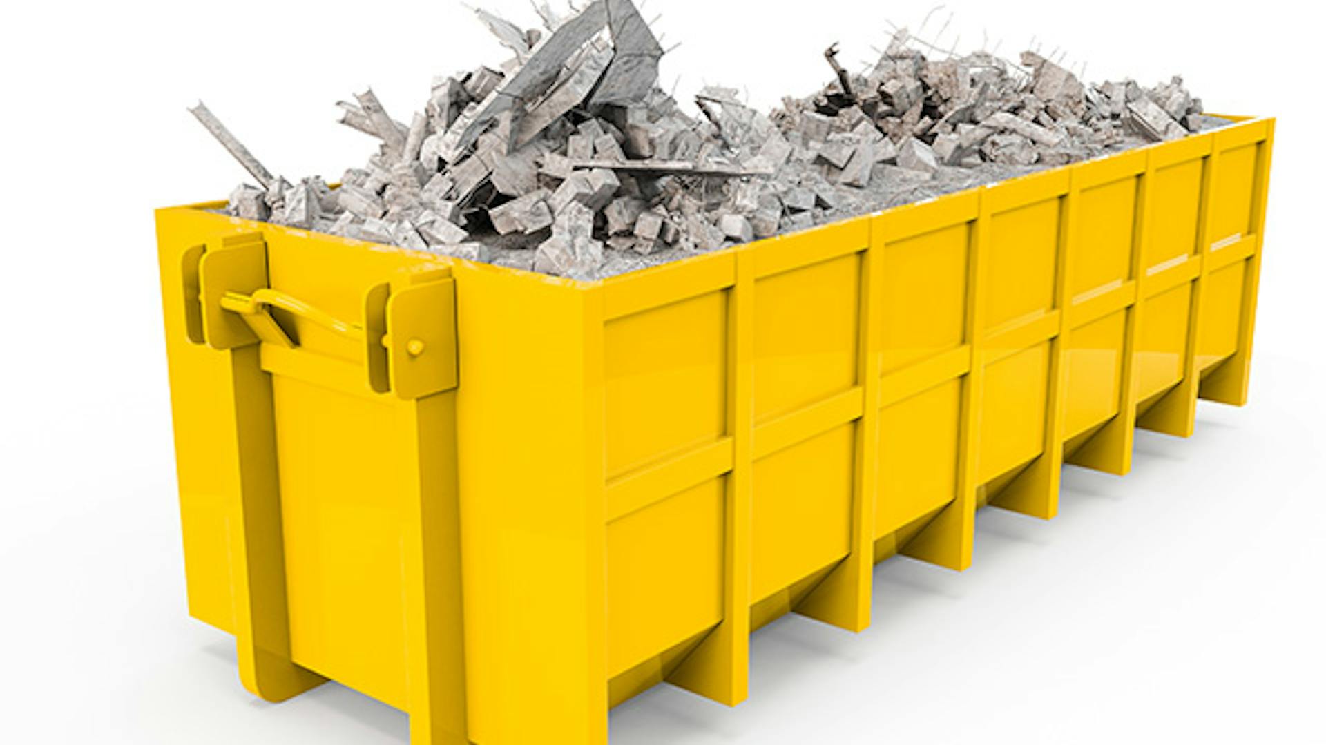 Żółty kontener z odpadami budowlanymi.