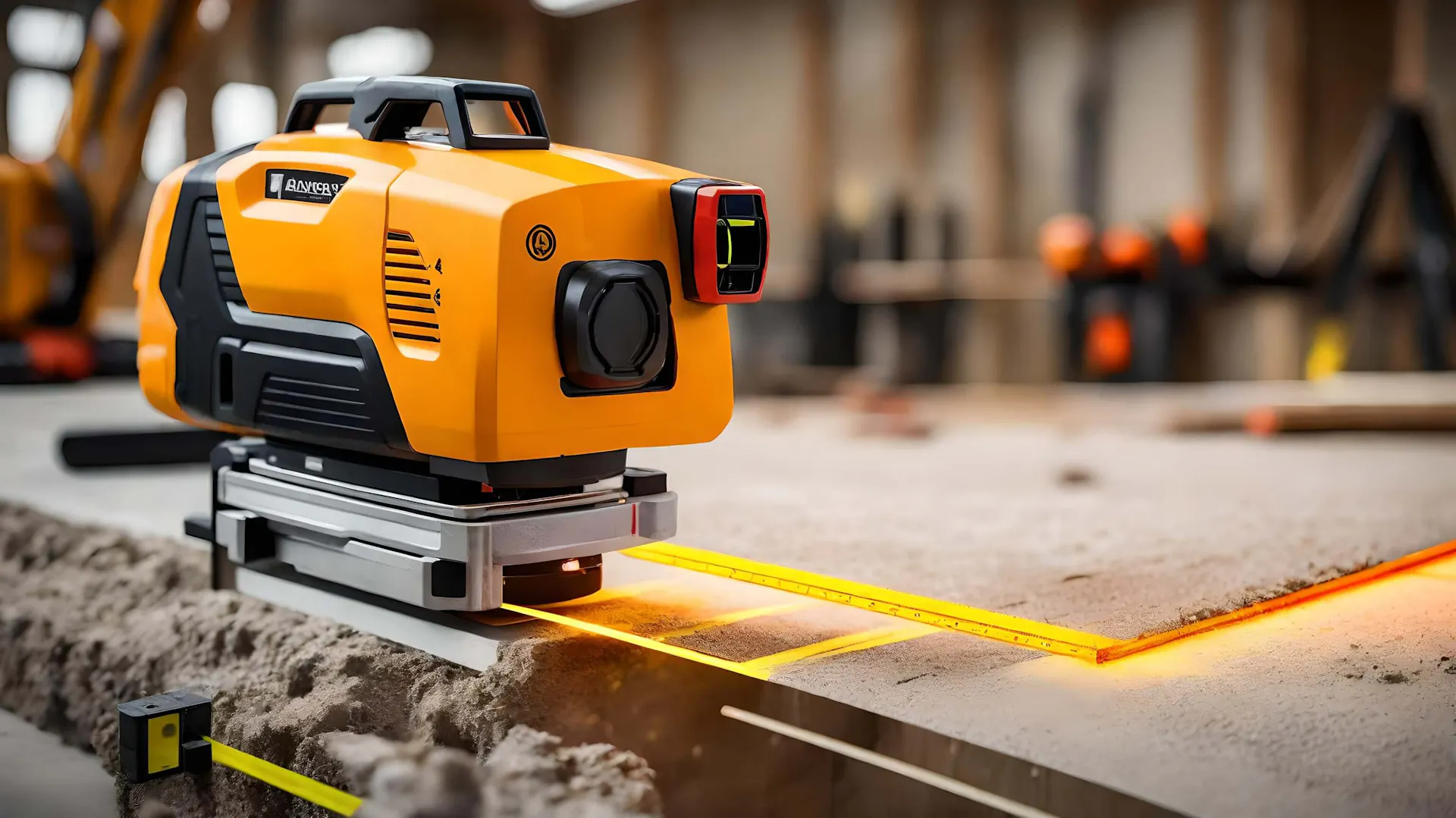 Zbliżenie na poziomicę laserową, rzucającą prostą linię na placu budowy.