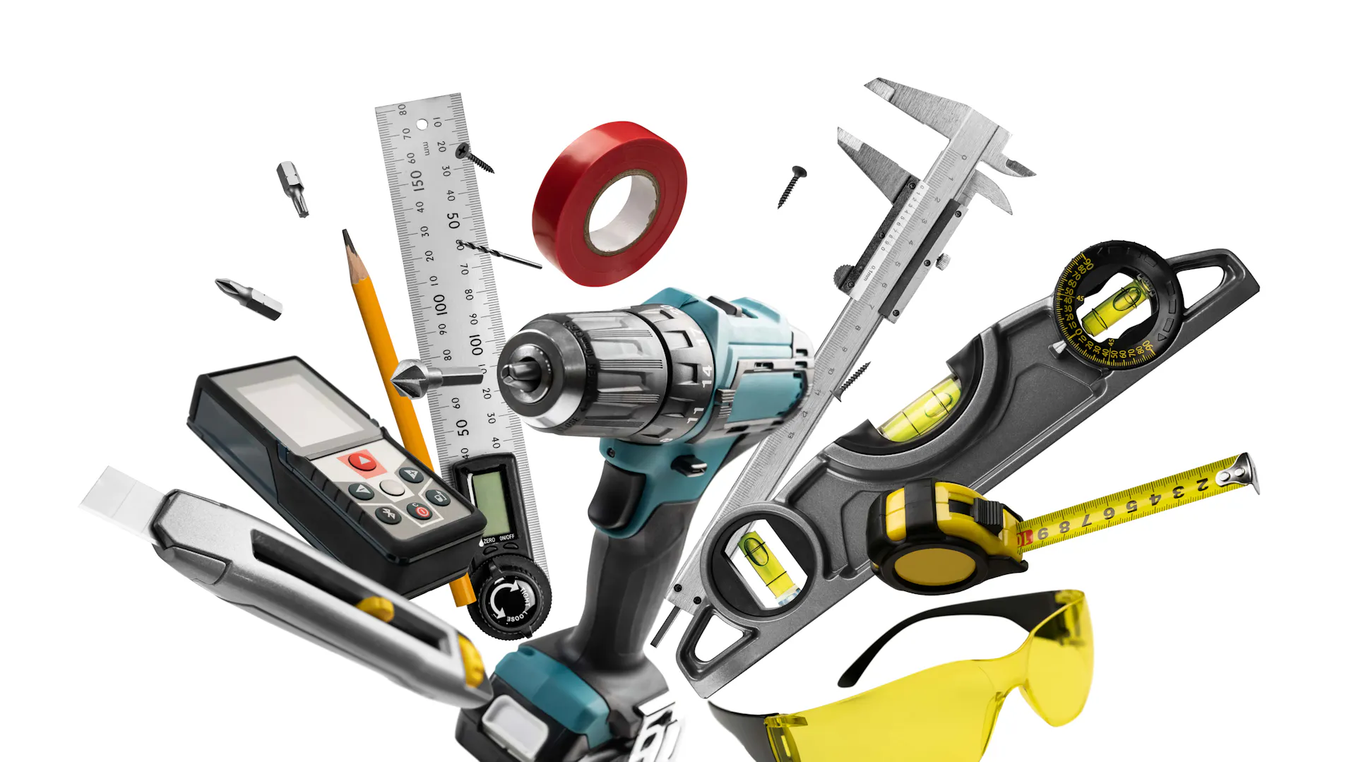 Narzędzia warsztatowe różnego typu na białym tle