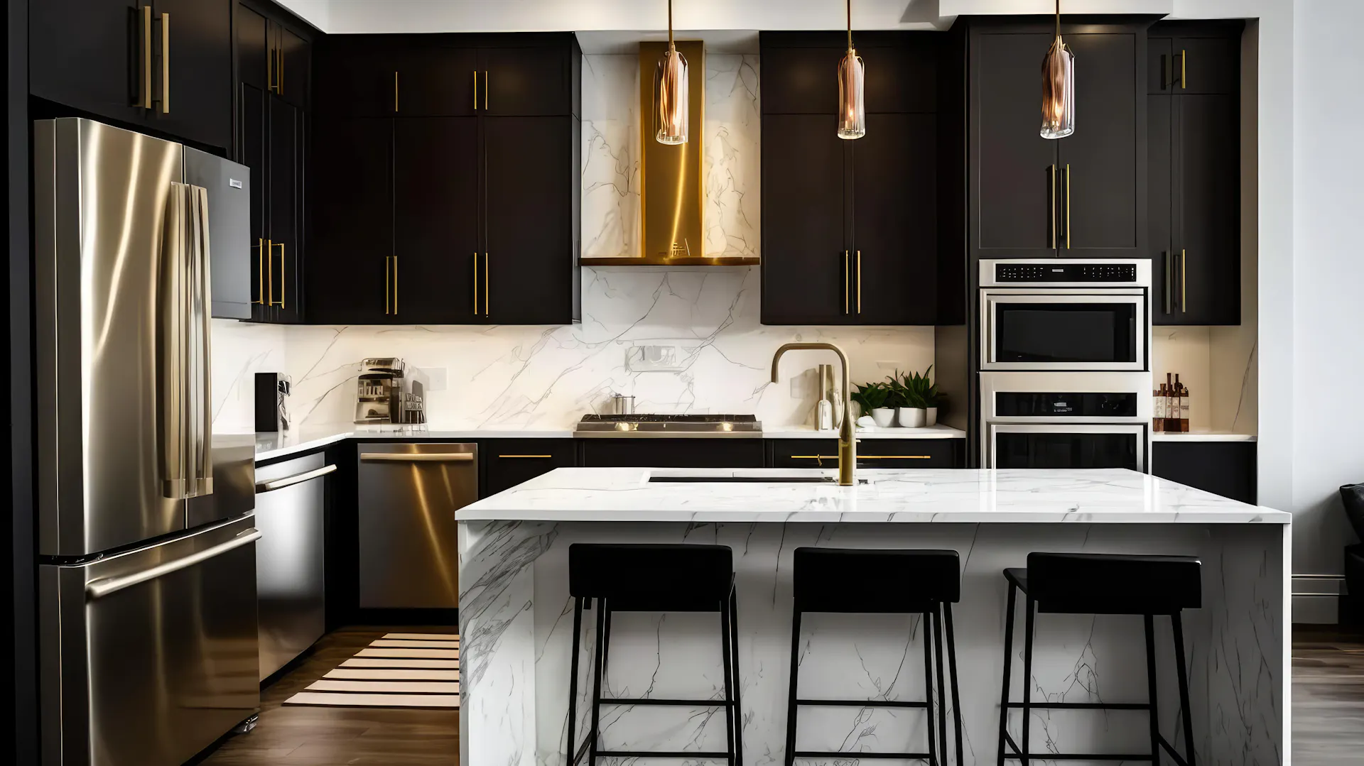 Czarna kuchnia w stylu glamour z marmurową wyspą