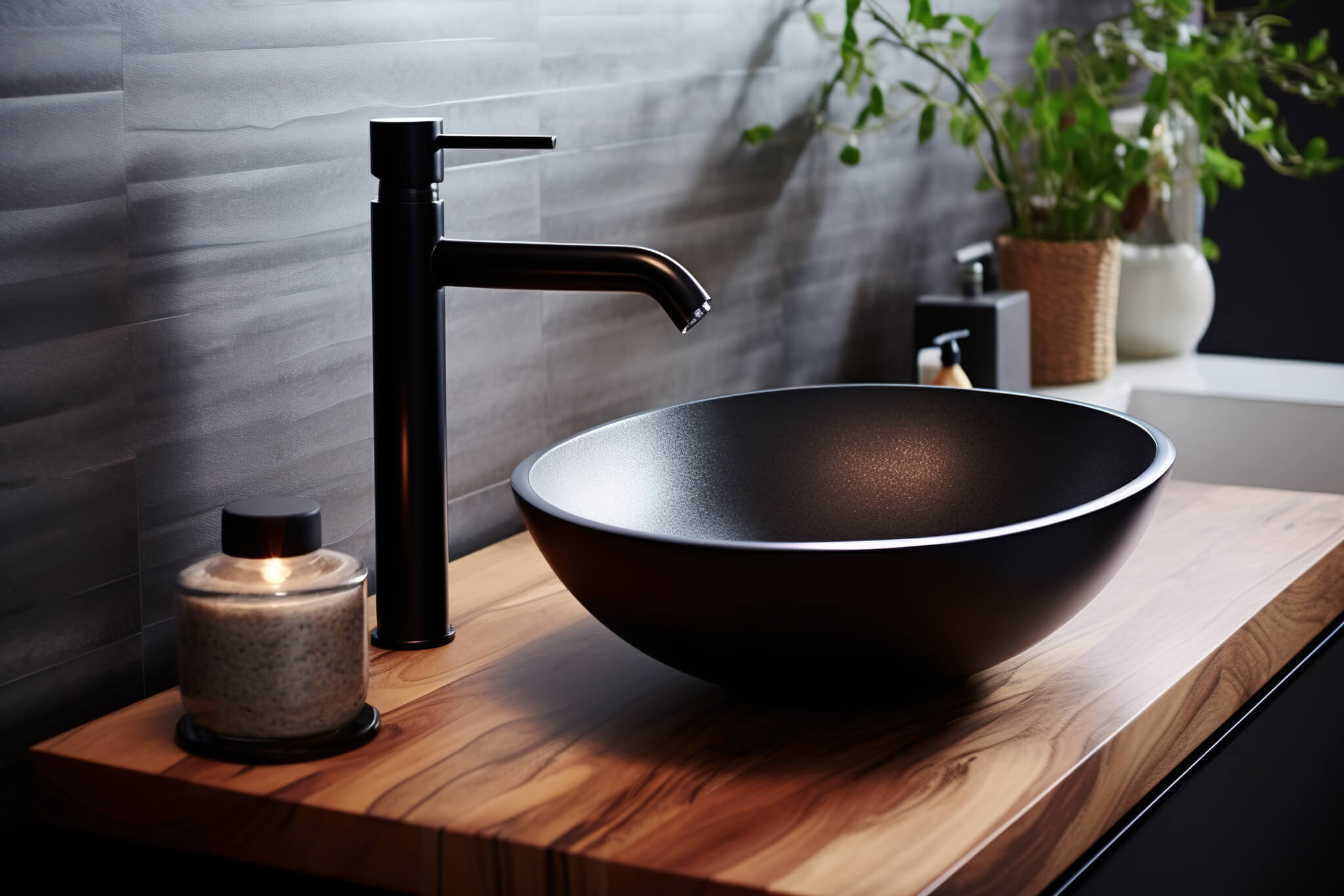 Czarna bateria umywalkowa stojąca nad czarną umywalką tworzy łazienkę w stylu zen