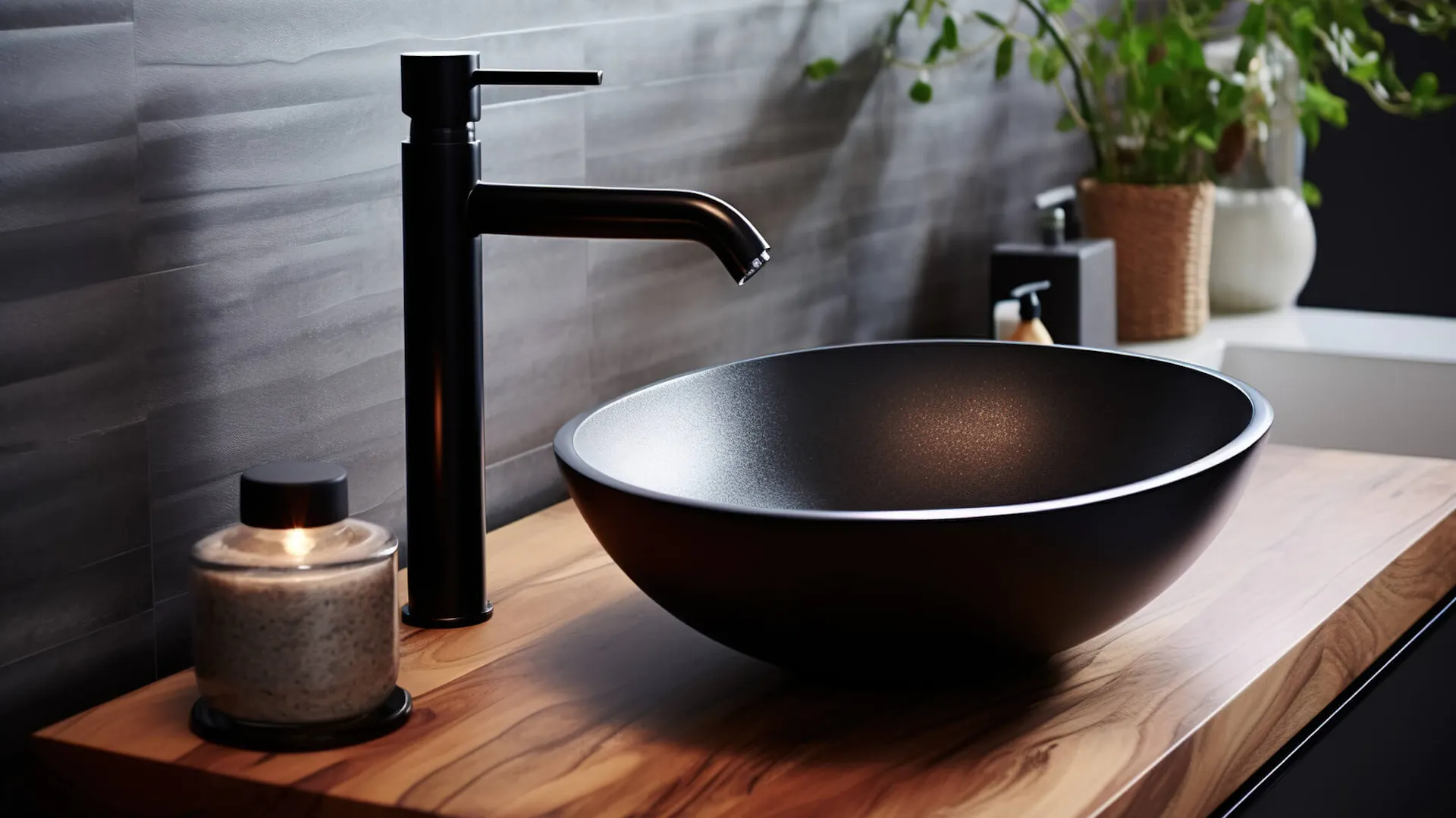 Czarna bateria umywalkowa stojąca nad czarną umywalką tworzy łazienkę w stylu zen