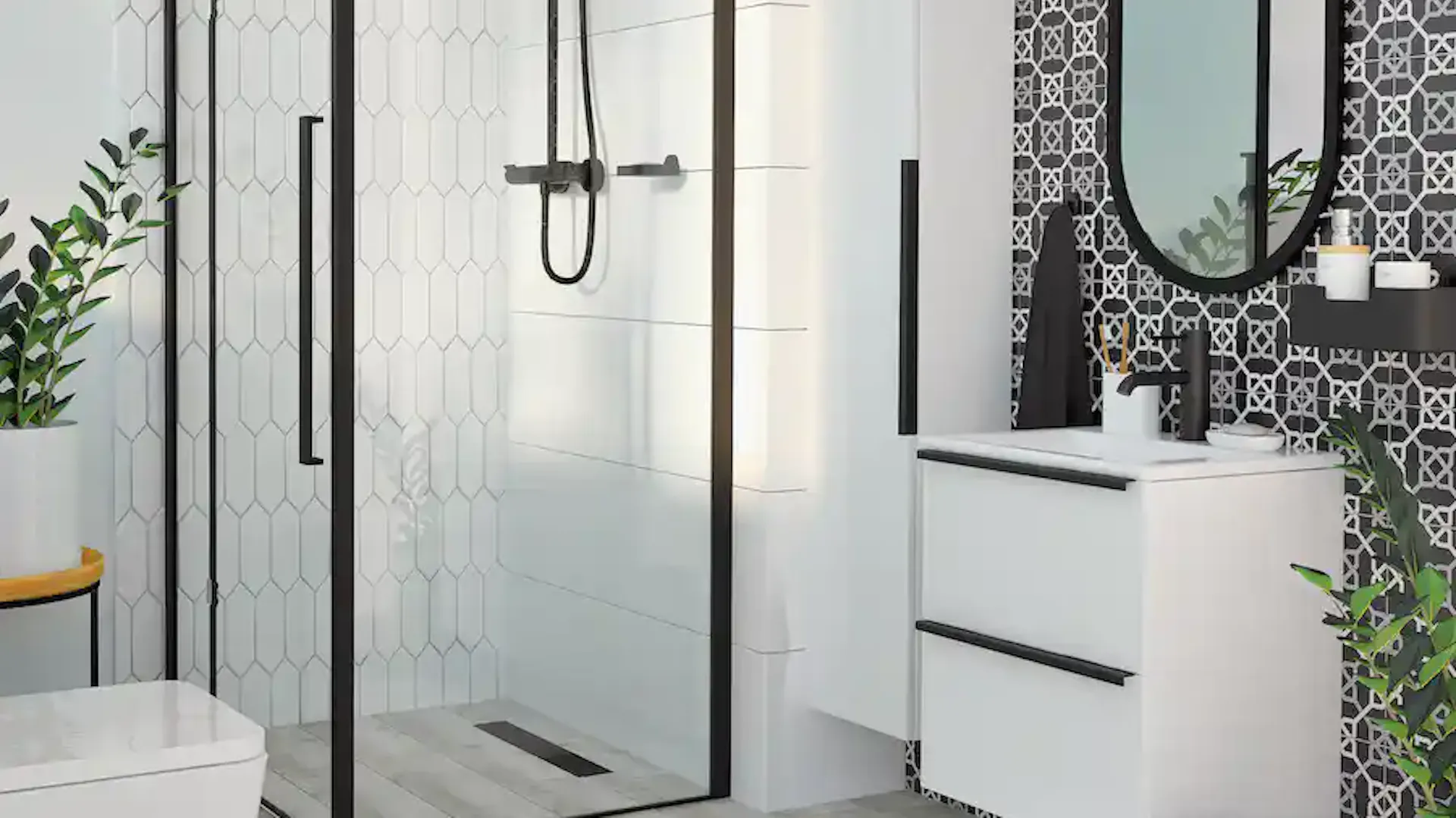 Czarno-biała łazienka w stylu skandynawskim