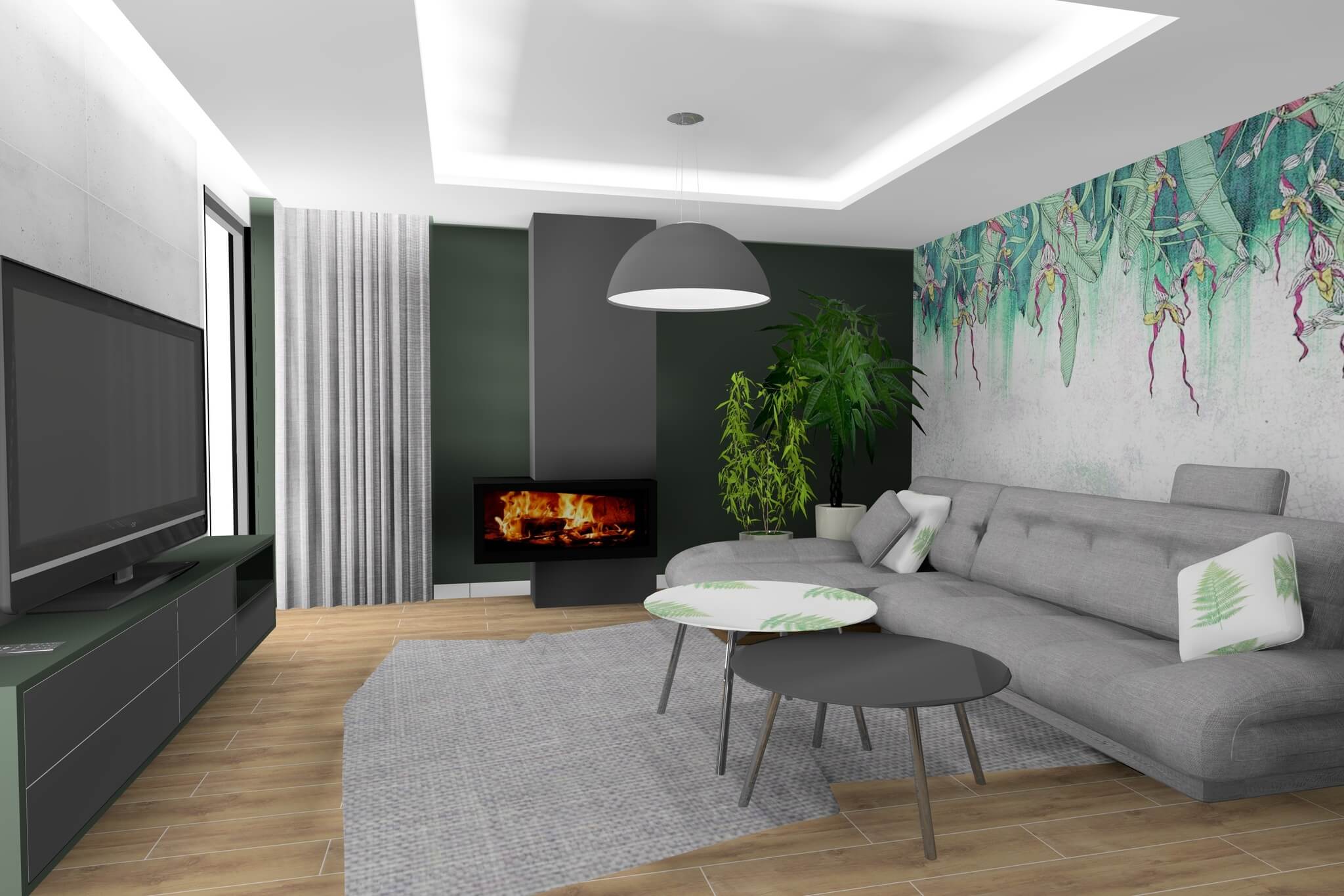 Projekt aranżacji salonu ze ścianą w kolorze intensywnej zieleni i kolorową tapetą.