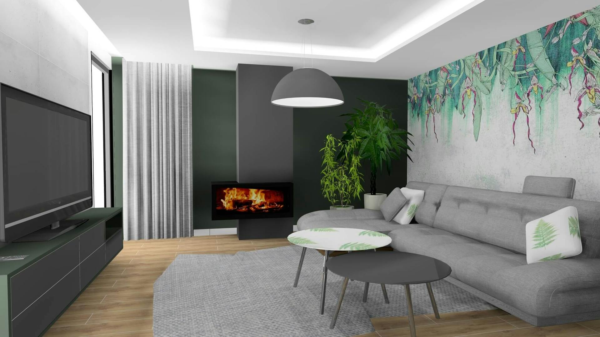 Projekt aranżacji salonu ze ścianą w kolorze intensywnej zieleni i kolorową tapetą.