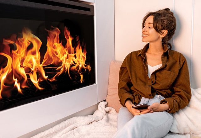 Kobieta z telefonem w ręku siedząca na kocu przy biokominku.