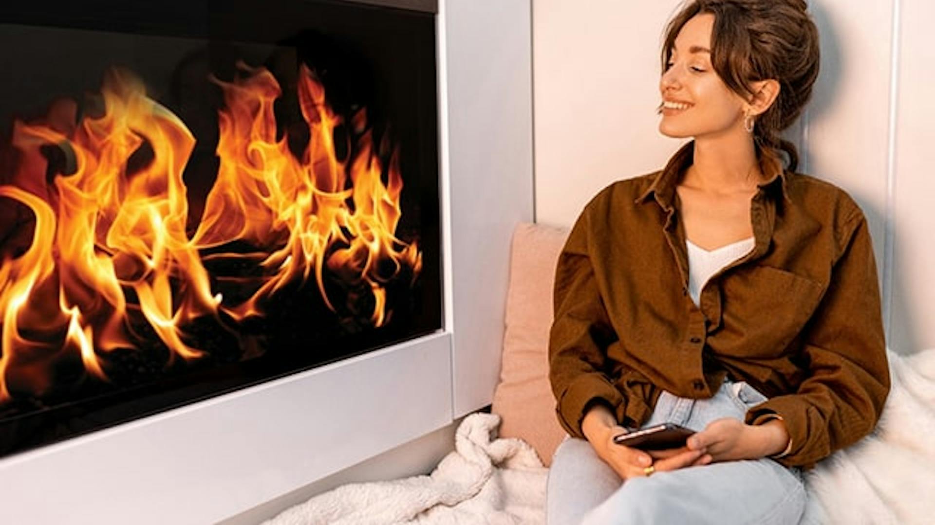 Kobieta z telefonem w ręku siedząca na kocu przy biokominku.
