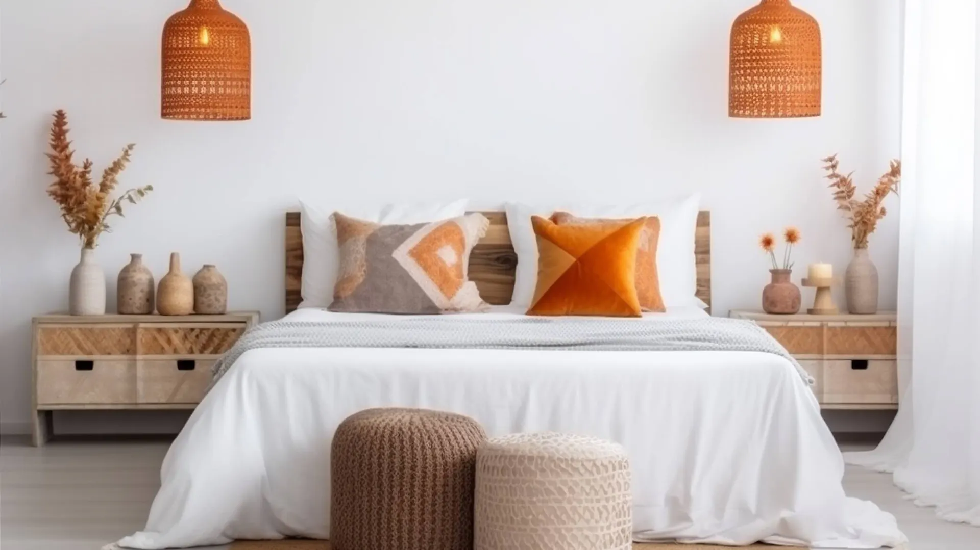 Lampy sufitowe wiszące w sypialni po obu stronach łóżka