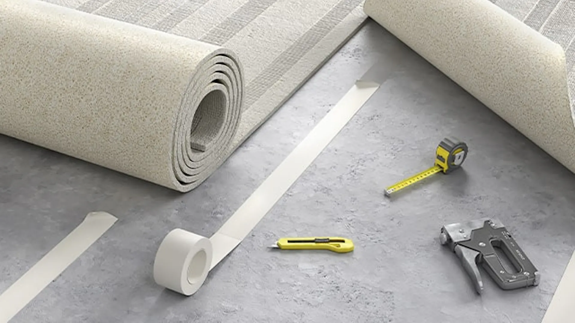 Częściowo rozwinięta rolka szarej wykładziny podłogowej. Obok na podłodze: taśma miernicza, nożyk, taśma klejąca oraz tacker.