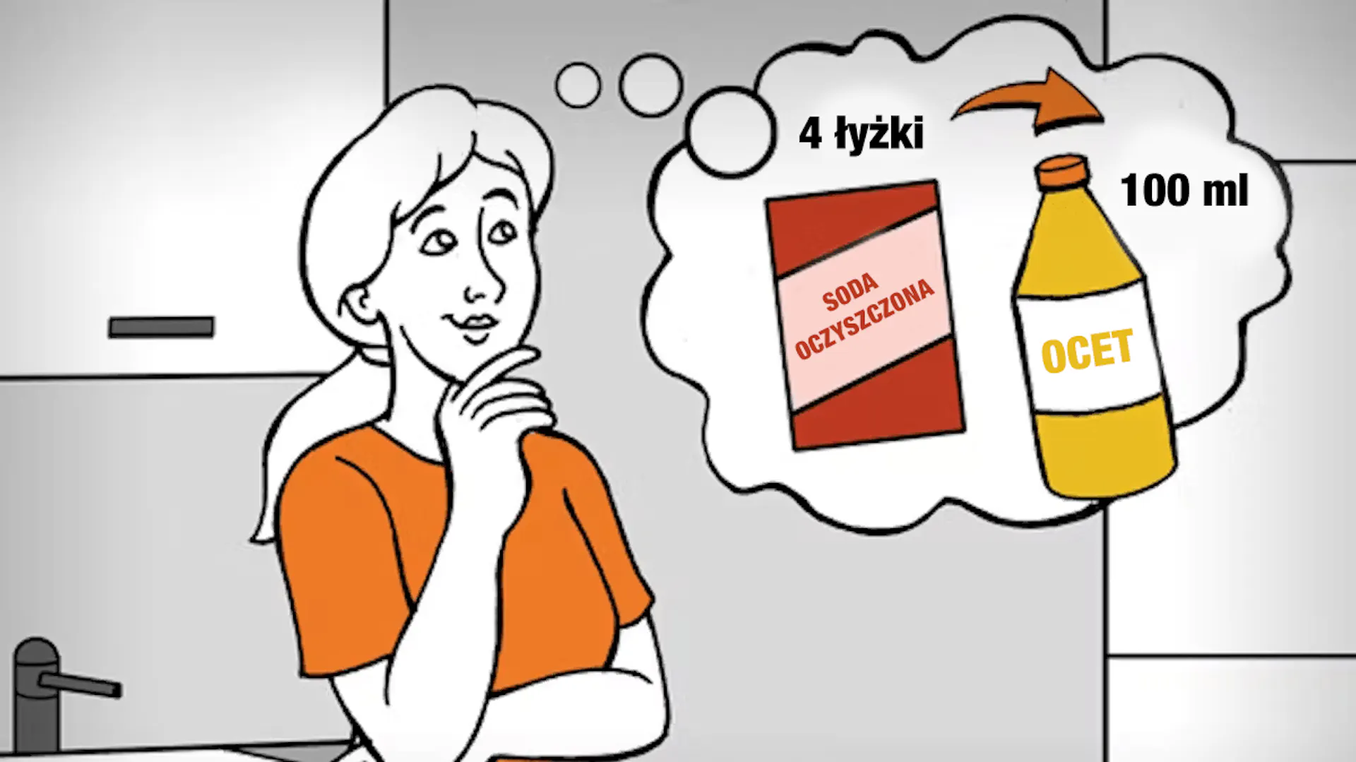 Na grafice kobieta. Obok niej chmurka, a w niej soda oczyszczona i ocet oraz proporcje do stworzenia roztworu czyszczącego.