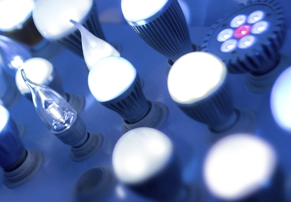 Tablica z wkręconymi do niej różnymi typami żarówek. Wszystkie żarówki się świecą.
