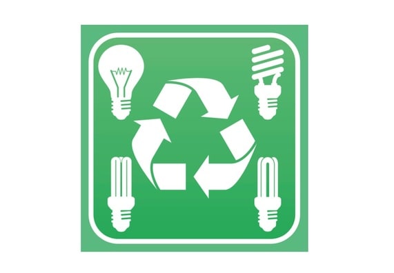 Na zielonym tle symbol recyklingu. Wokół niego symbole różnych żarówek.