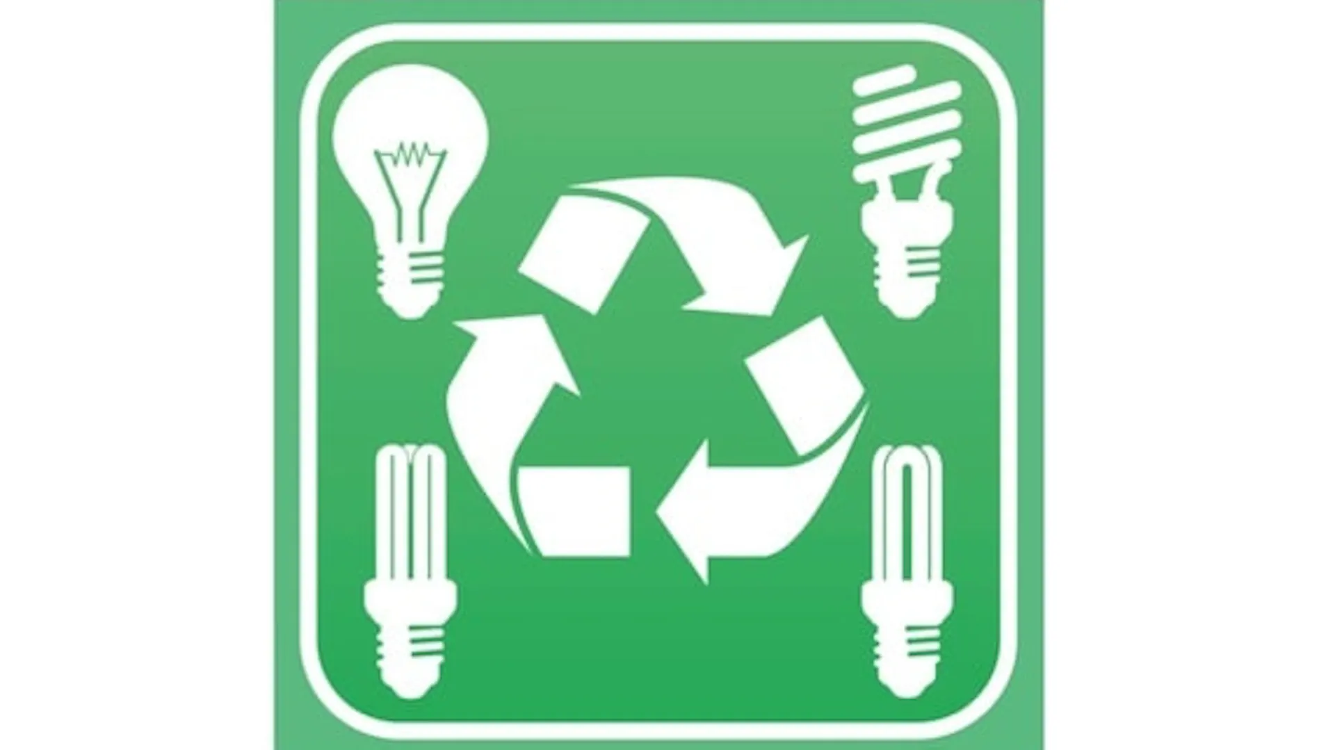 Na zielonym tle symbol recyklingu. Wokół niego symbole różnych żarówek.