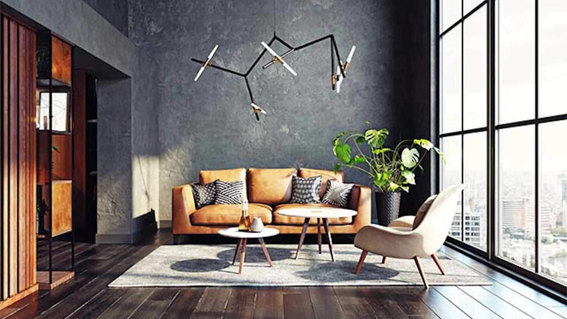 Nowoczesny salon z panoramicznym oknem. W centralnym miejscu wisząca lampa o geometrycznej formie.