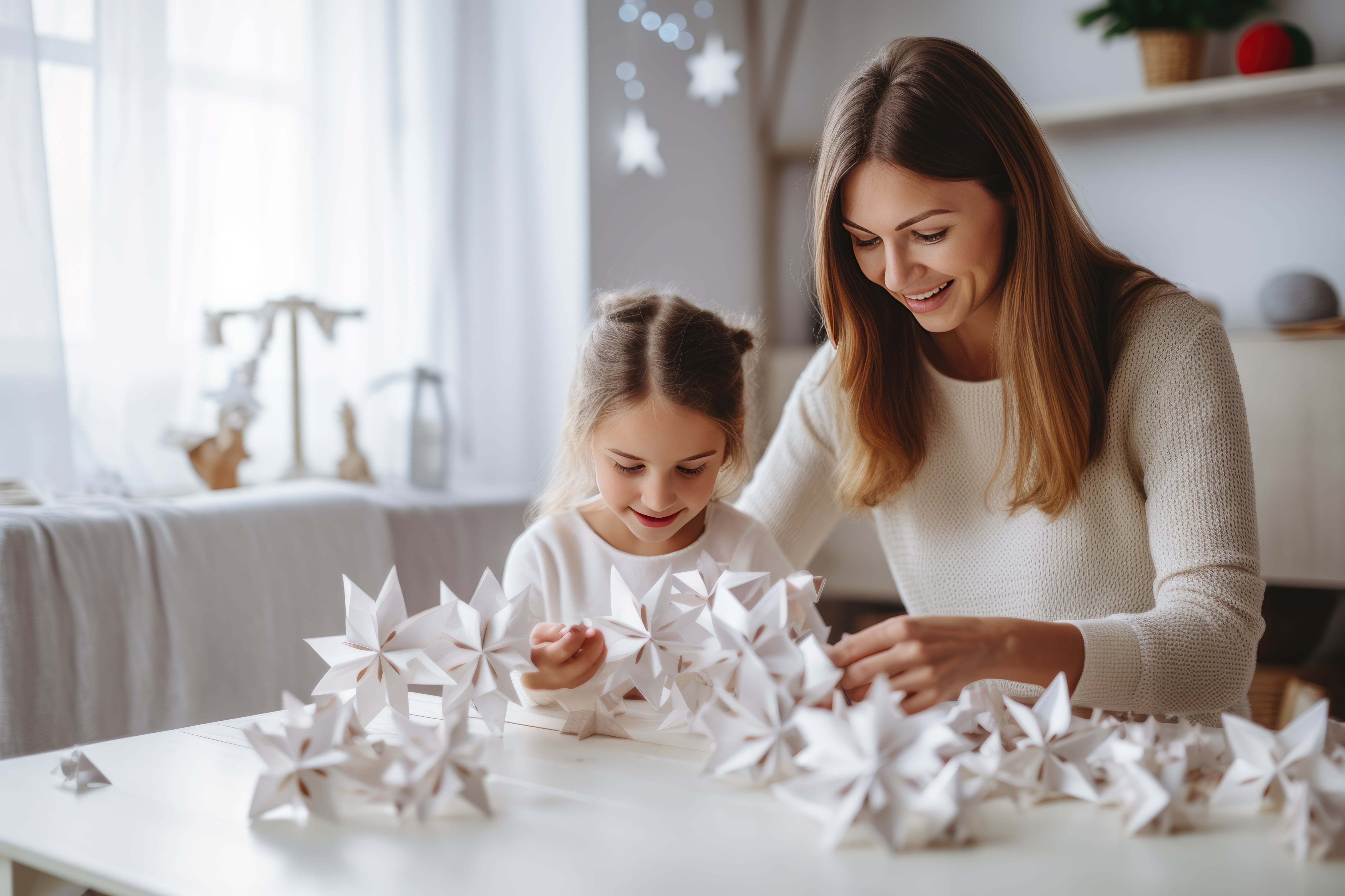 Uśmiechnięta mama z córką przygotowują ozdoby świąteczne z białego papieru