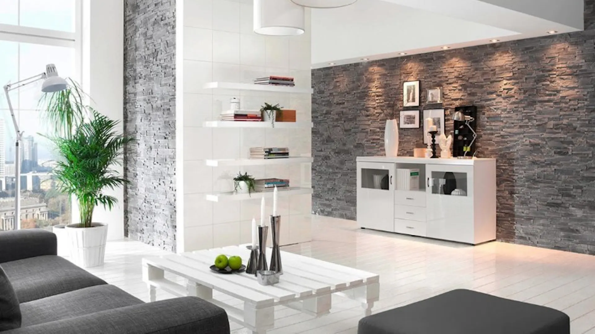 Kamień dekoracyjny w minimalistycznym salonie