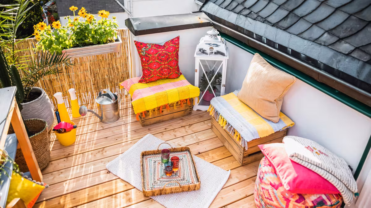 balkon inspiracja – kolorowa i przytulna aranżacja z drewnem i kolorowymi tekstyliami