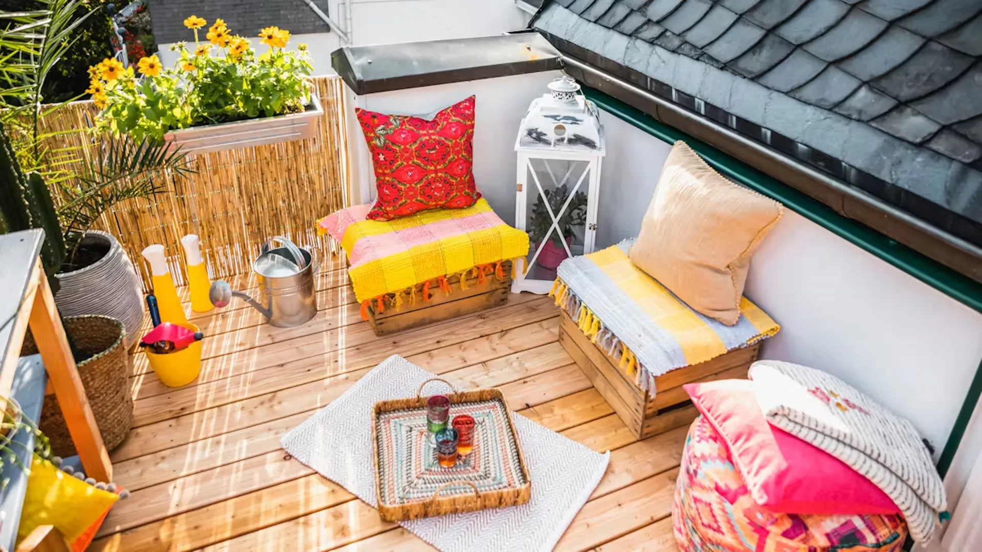 balkon inspiracja – kolorowa i przytulna aranżacja z drewnem i kolorowymi tekstyliami
