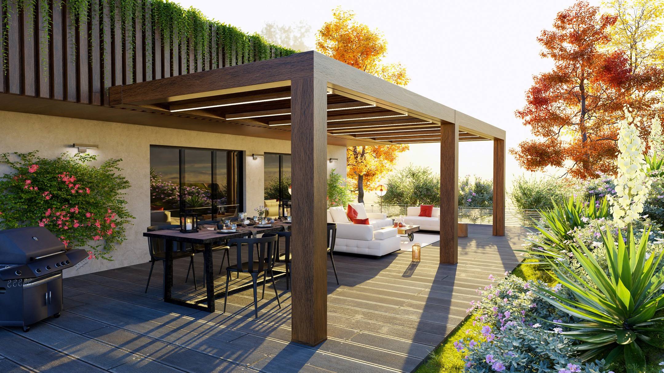 Pergola drewniana w swoje formie przypomina modele wykonywane z aluminium
