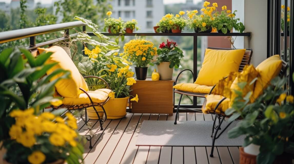 Nowoczesny balkon z drewnianą podłogą i żółtymi dodatkami.