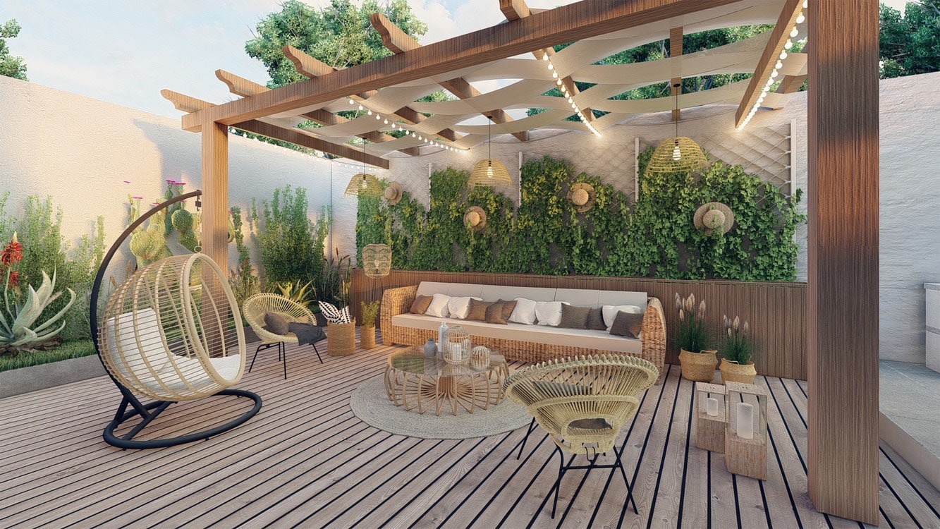 Drewniana pergola nad tarasem z oświetleniem i zielenią tworzy doskonałe tło dla dodatków w stylu boho