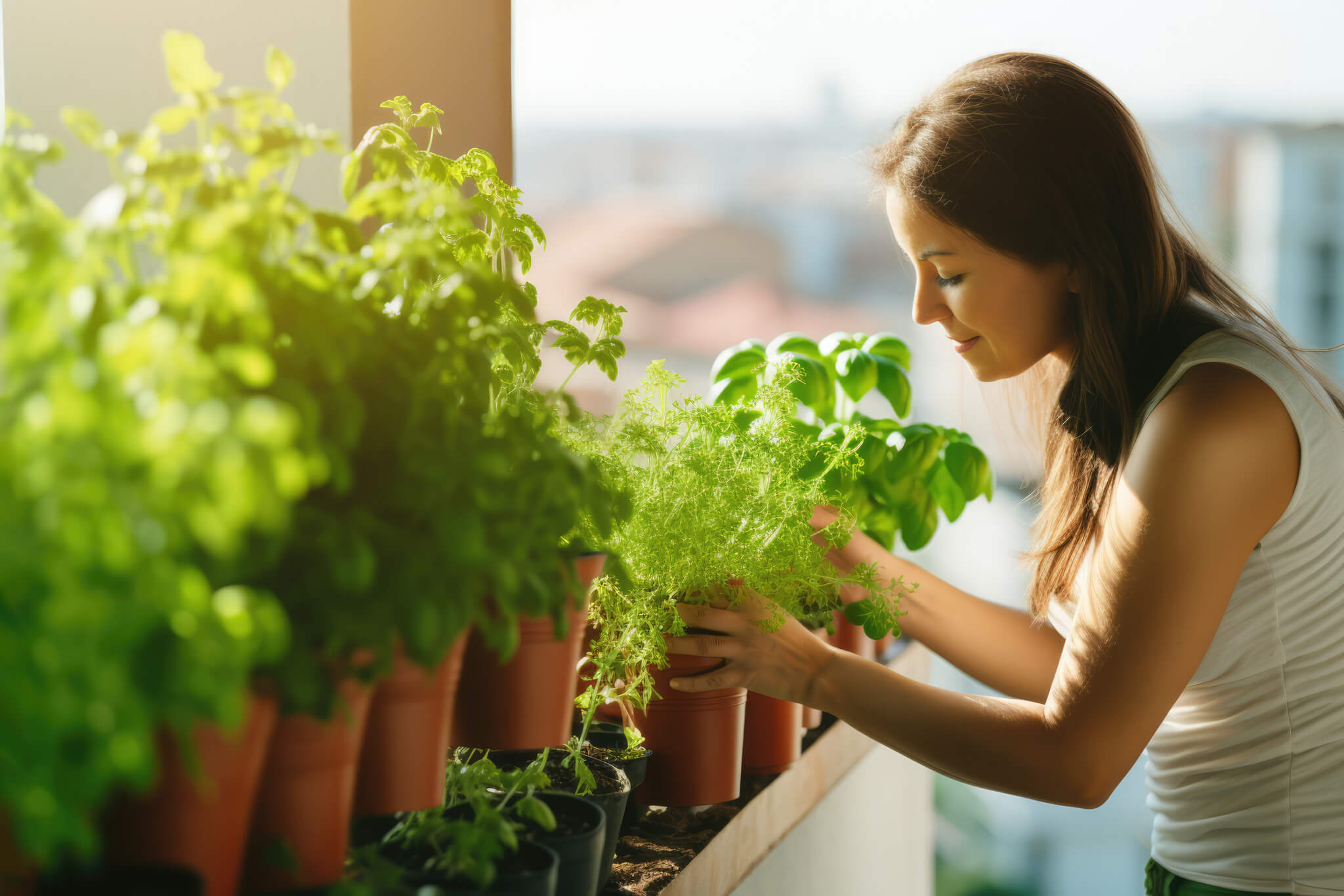 Kobieta napawa się aromatem ziół w doniczkach na balkonie