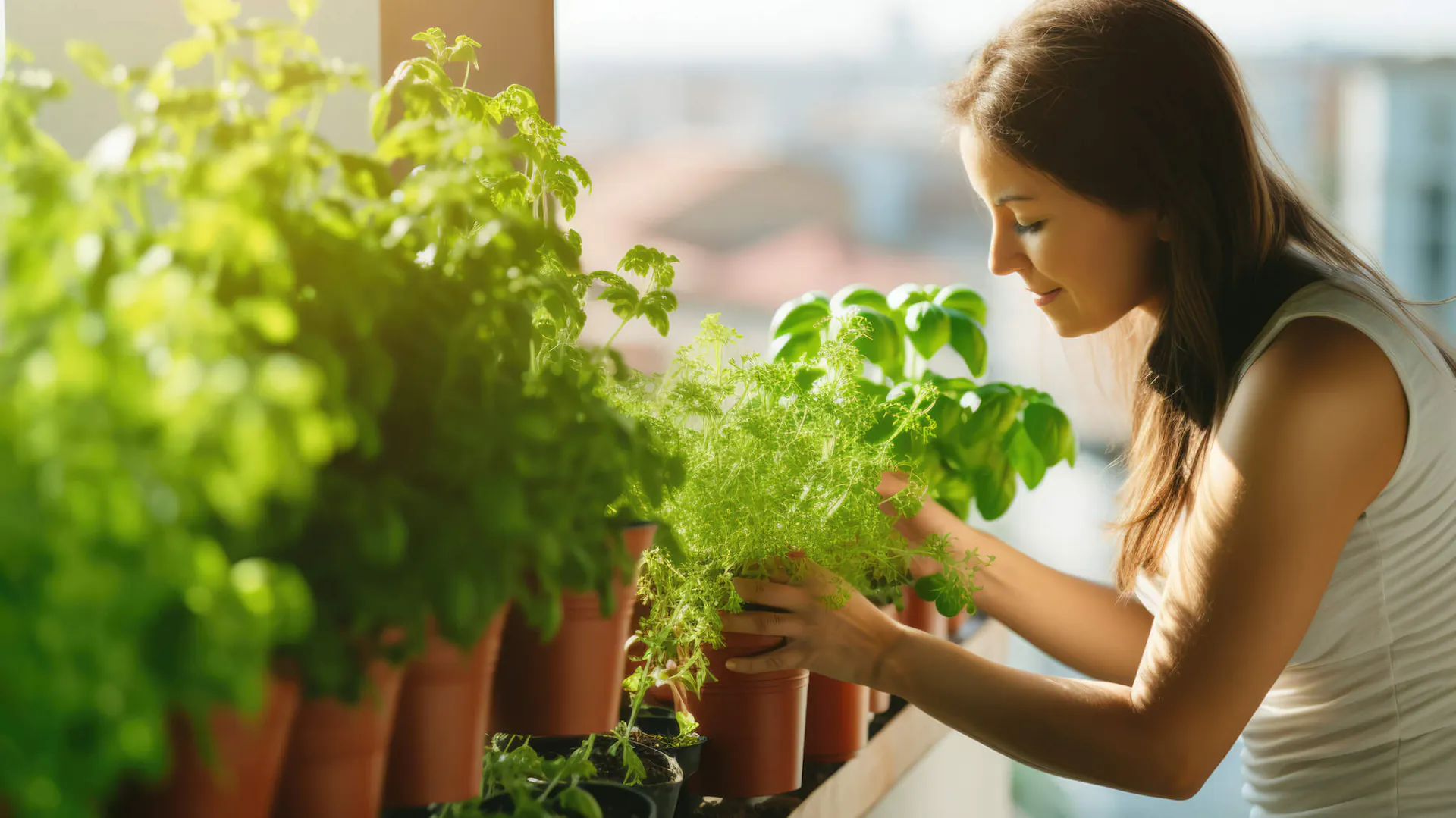 Kobieta napawa się aromatem ziół w doniczkach na balkonie