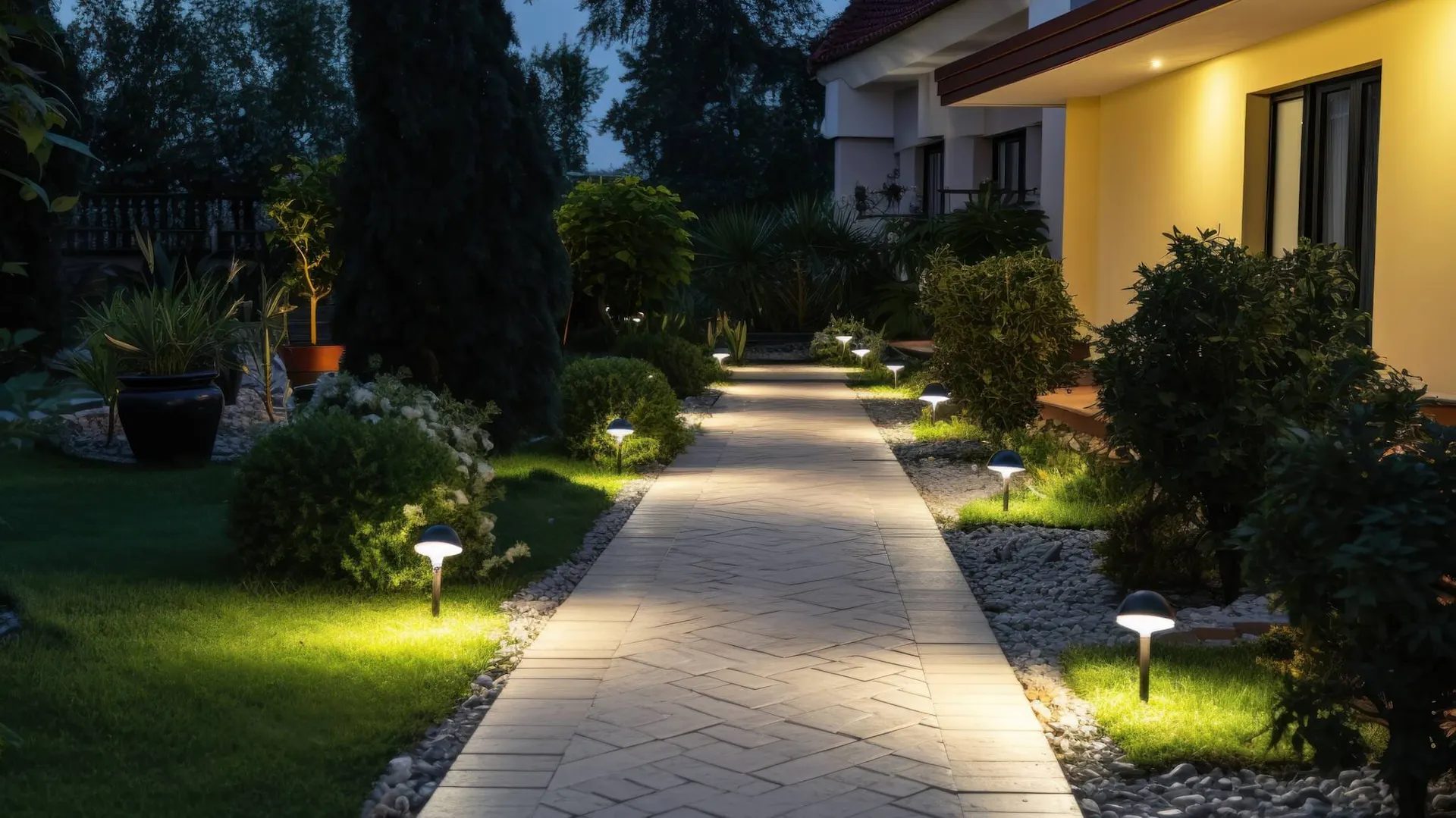 Droga do domu oświetlona lampami solarnymi.